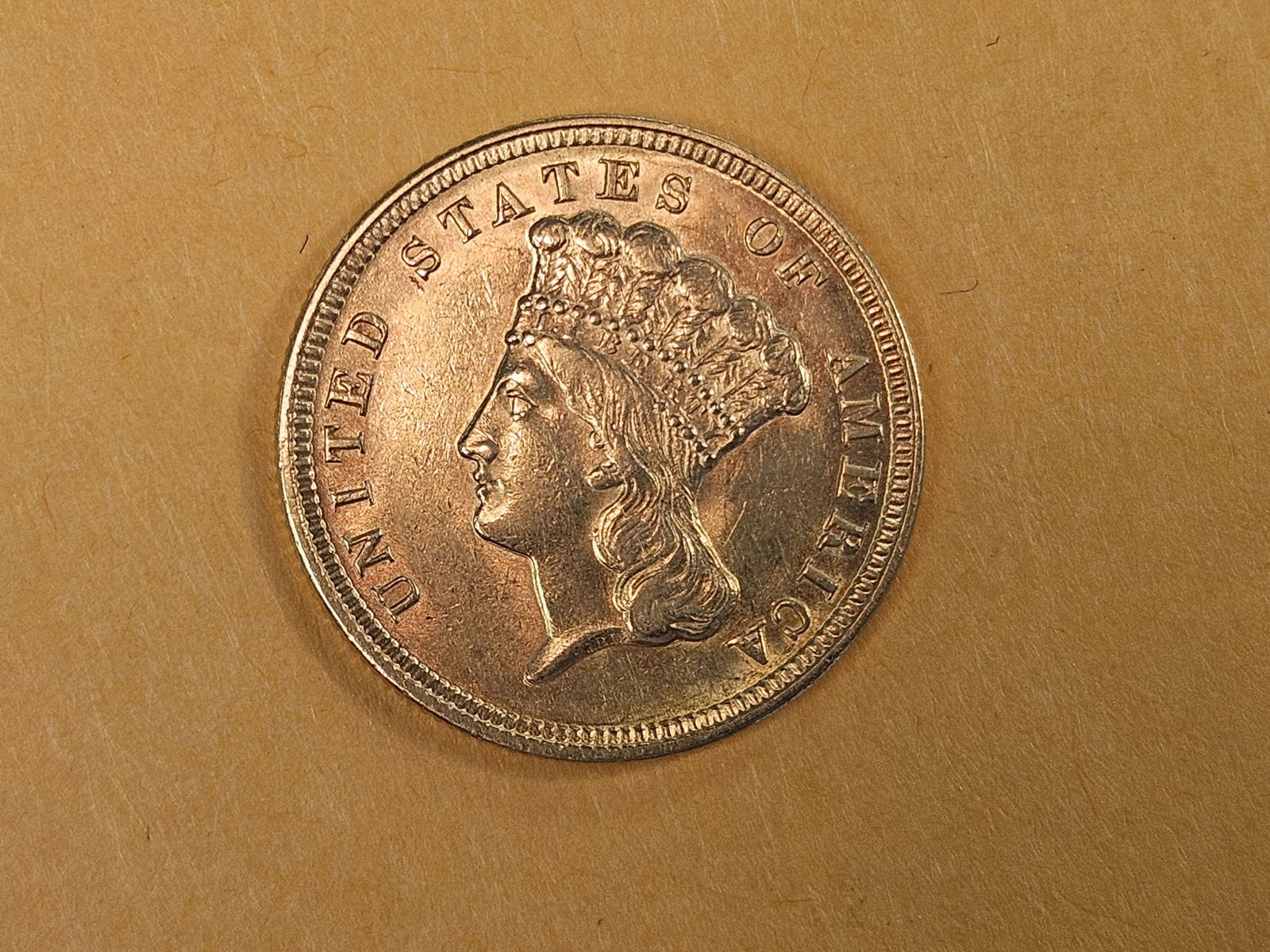 ** SCARCER ** Brilliant About Uncirculated plus 1854 THREE DOLLAR gold piece - 5