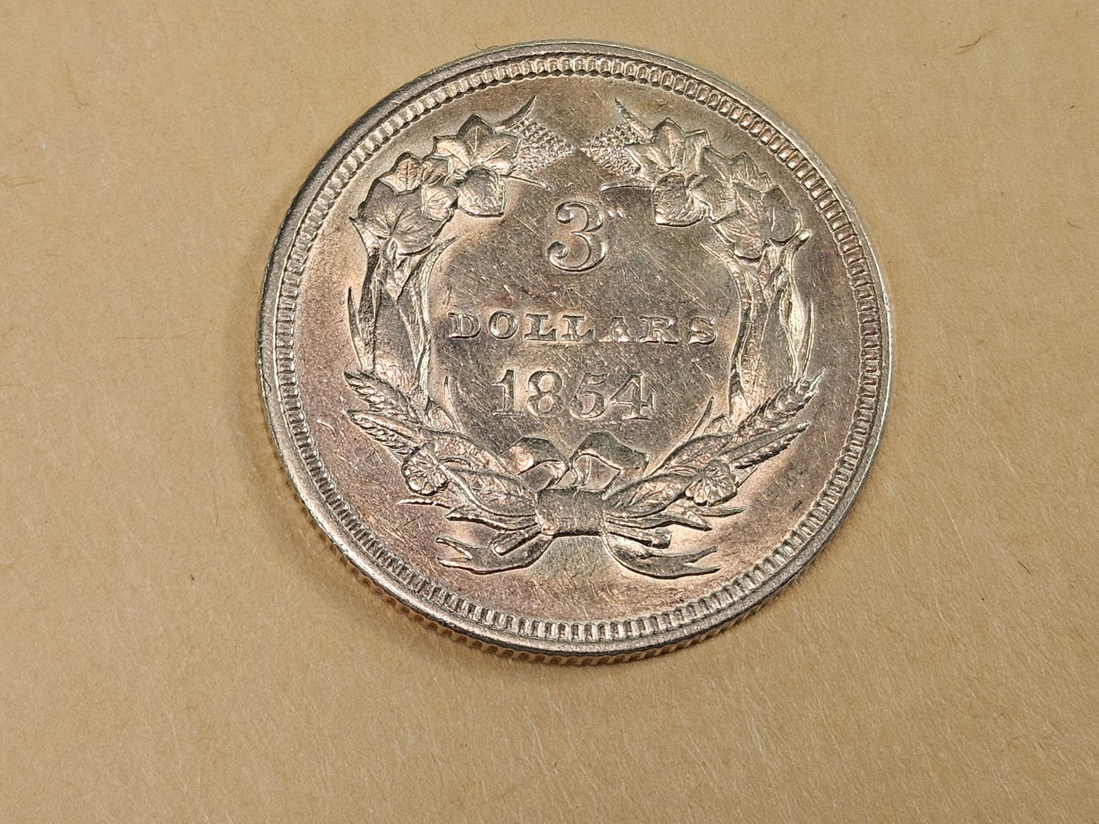 ** SCARCER ** Brilliant About Uncirculated plus 1854 THREE DOLLAR gold piece - 7