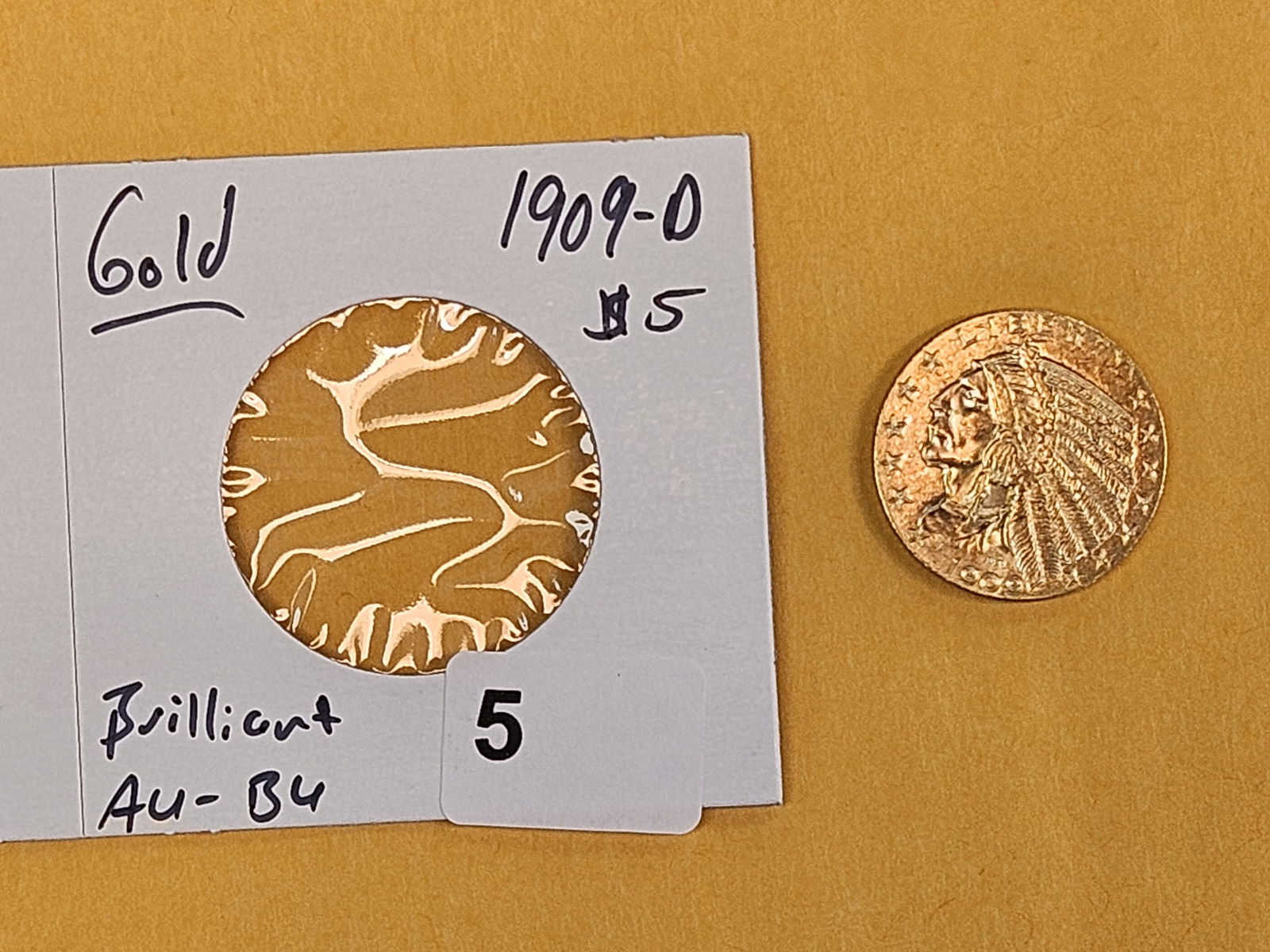 GOLD! Brilliant AU-BU 1909-D GOLD Five Dollar Indian - 2