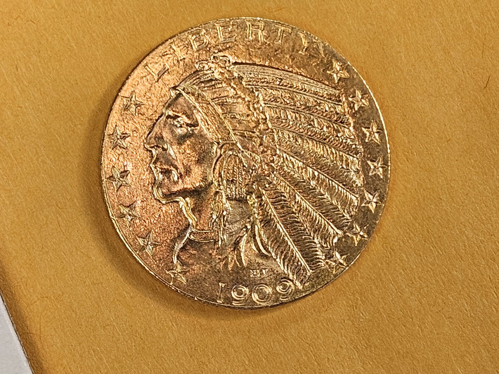 GOLD! Brilliant AU-BU 1909-D GOLD Five Dollar Indian - 4