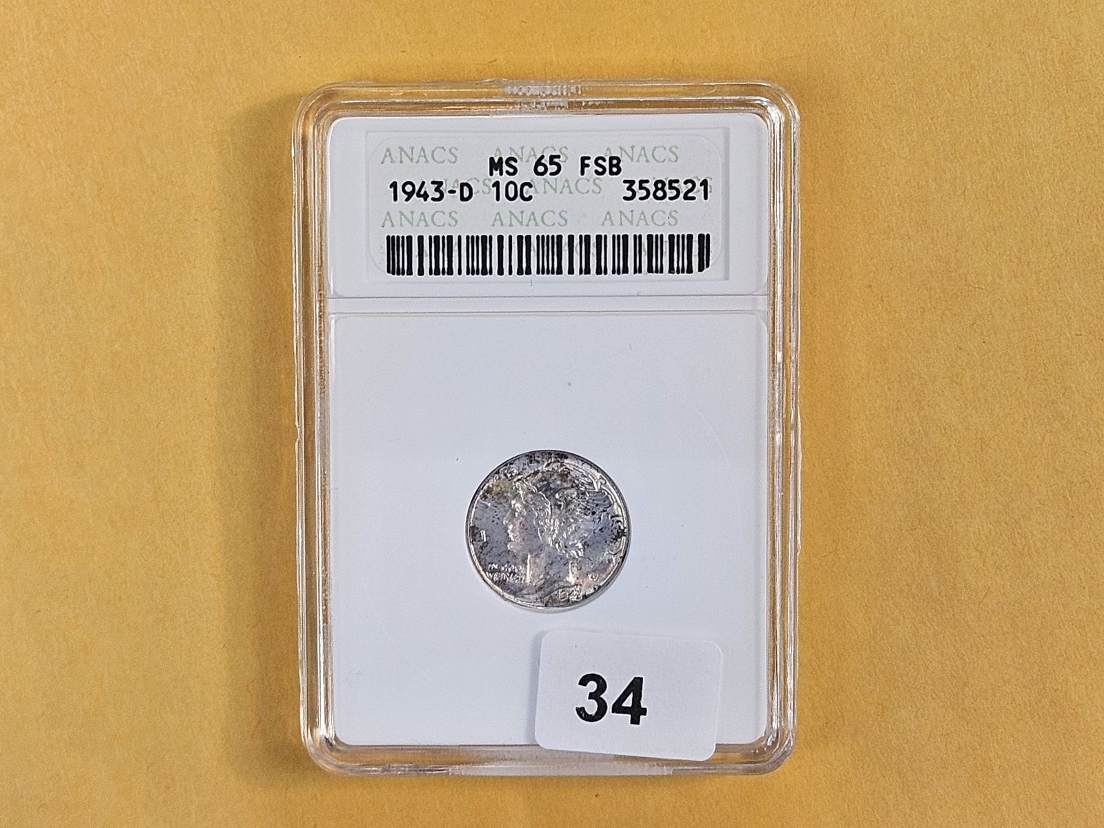 GEM! ANACS 1943-D Mercury Dime in Mint State 65 FSB - 2