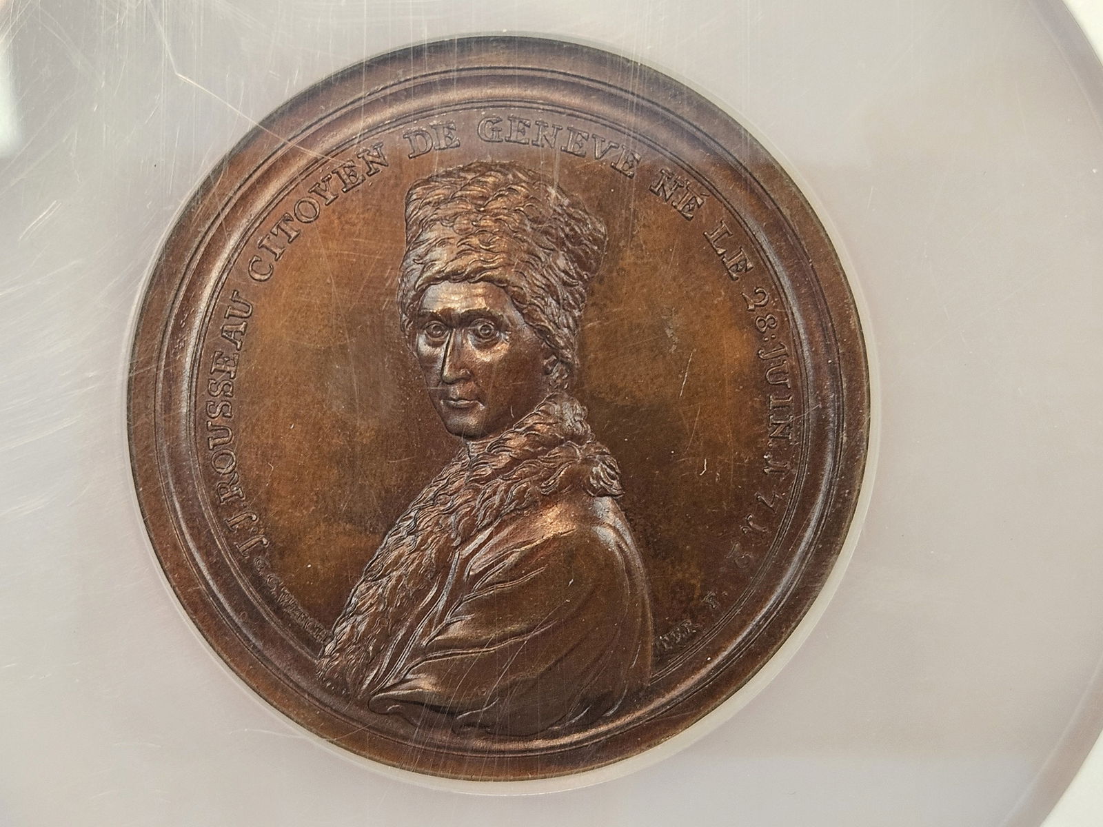 ** COOL ** LARGE NGC 1778 Switzerland Bronze J. J. Rousseau Medal in Mint State 64 BN: VERY Oversized holder! Little overkill there! 