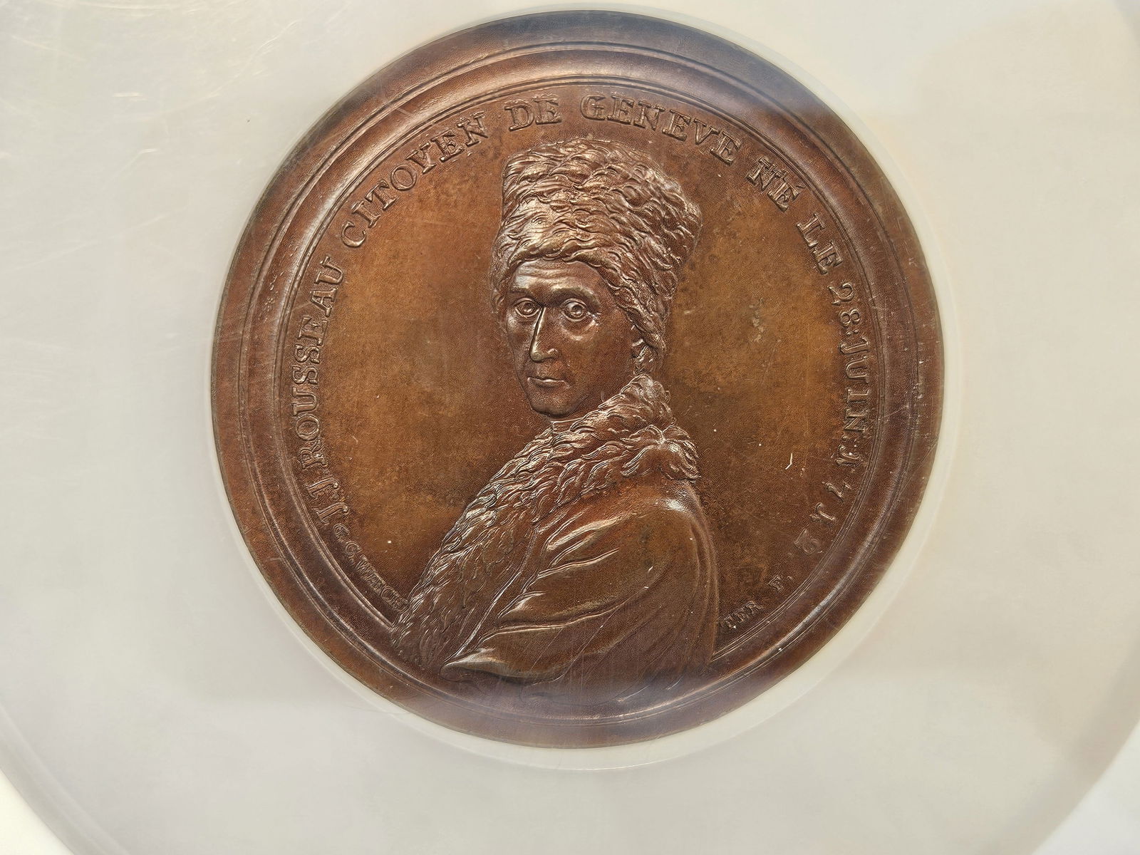 ** COOL ** LARGE NGC 1778 Switzerland Bronze J. J. Rousseau Medal in Mint State 64 BN - 3