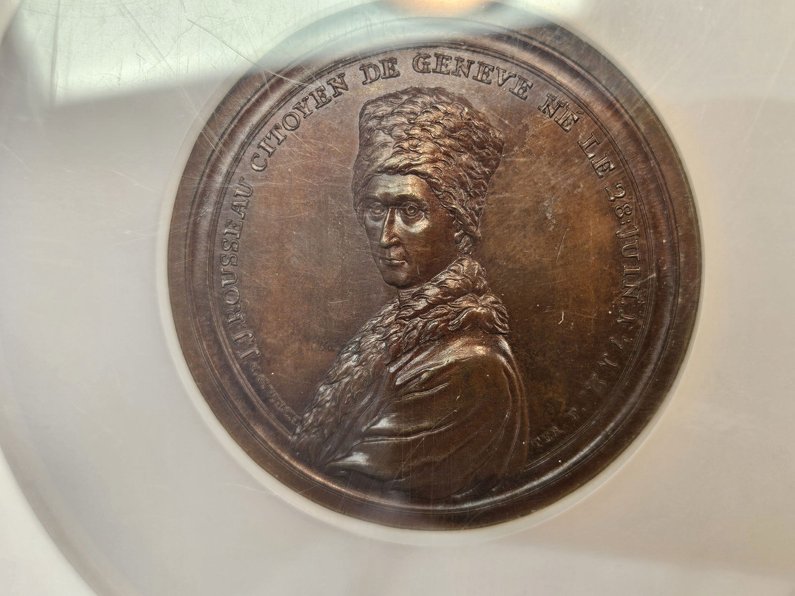 ** COOL ** LARGE NGC 1778 Switzerland Bronze J. J. Rousseau Medal in Mint State 64 BN - 4