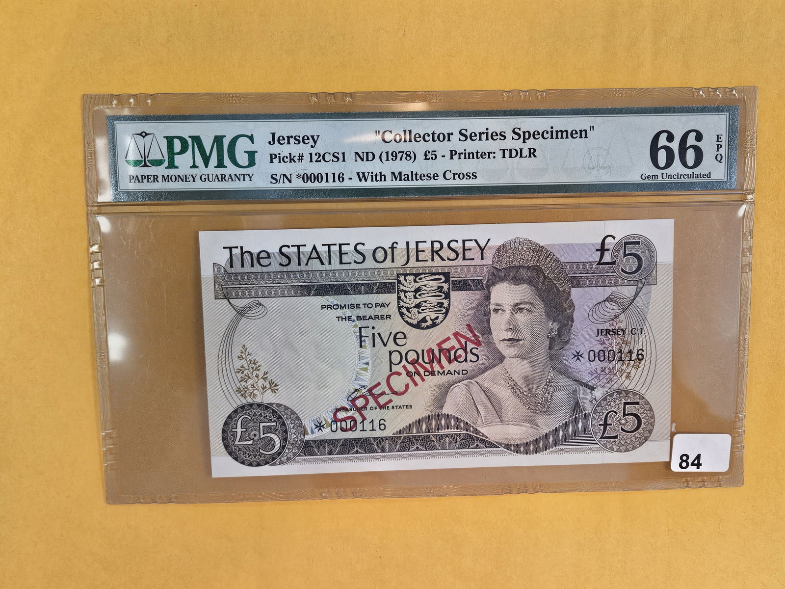 PMG ND 1978 Jersey Specimen in GEM Uncirculated 66 EPQ: Pick # 12CA1. Five Pound. "Collector Series Specimen"