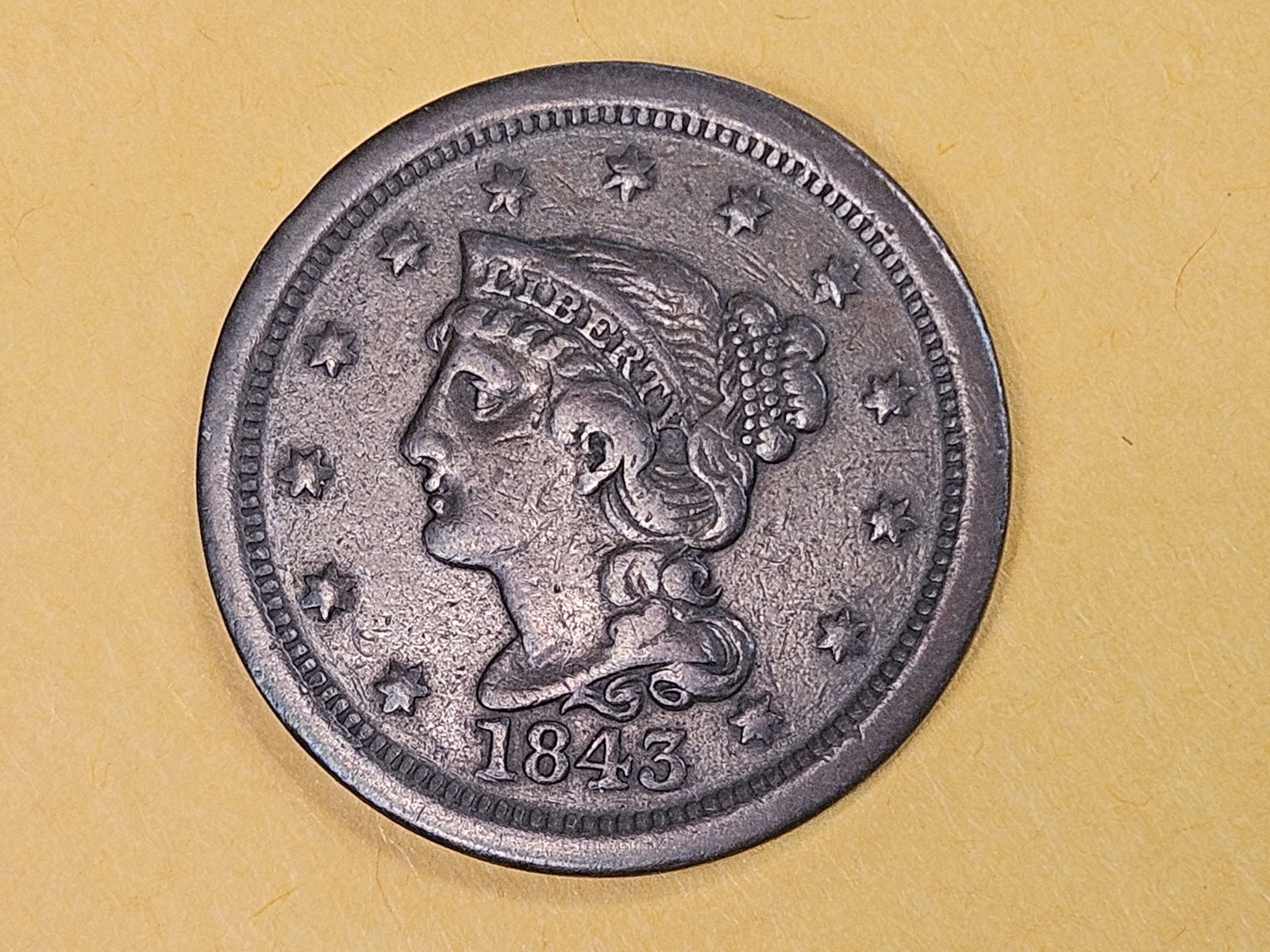 1843 Braided Hair Large Cent in Very Fine - 3