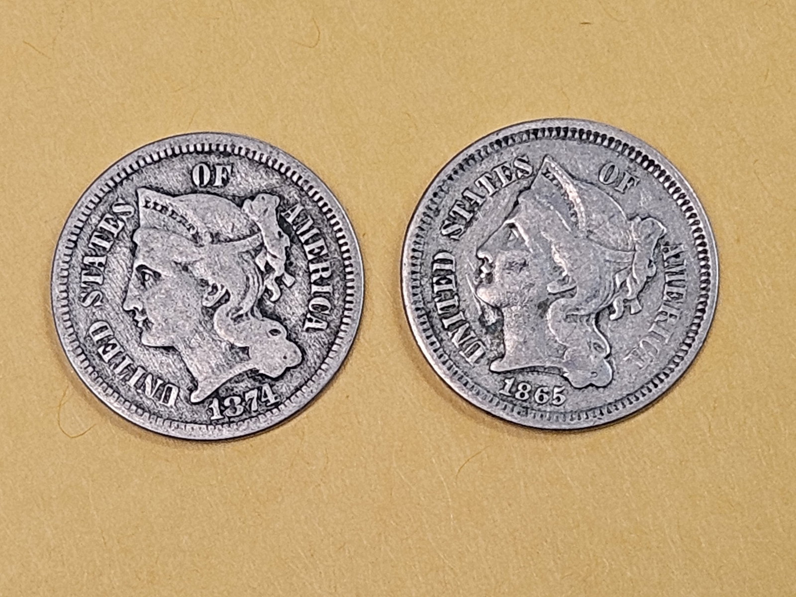 1874 and 1865 Three Cent Nickels (1 of 3)