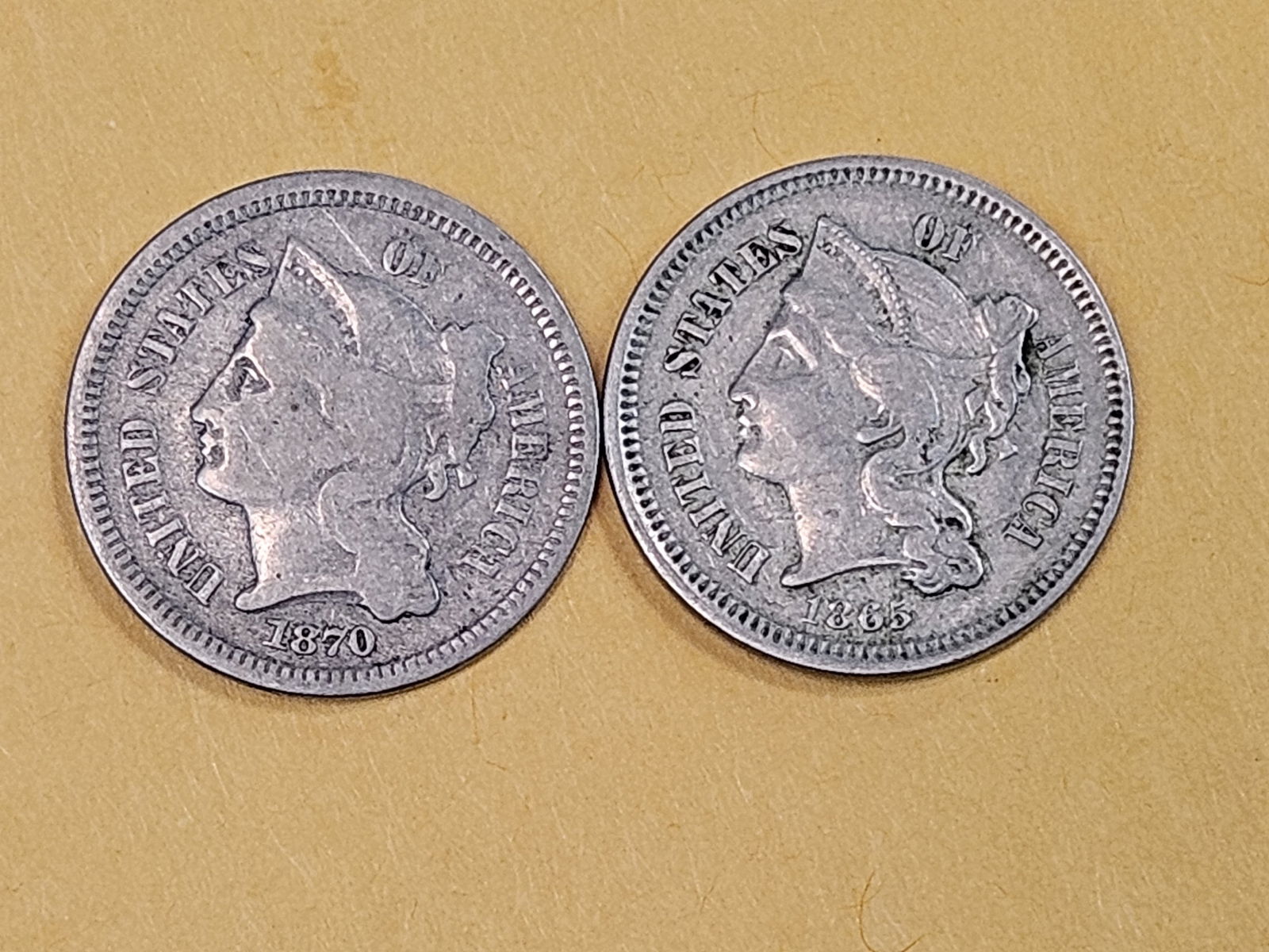 1870 and 1865 Three Cent Nickels (1 of 3)