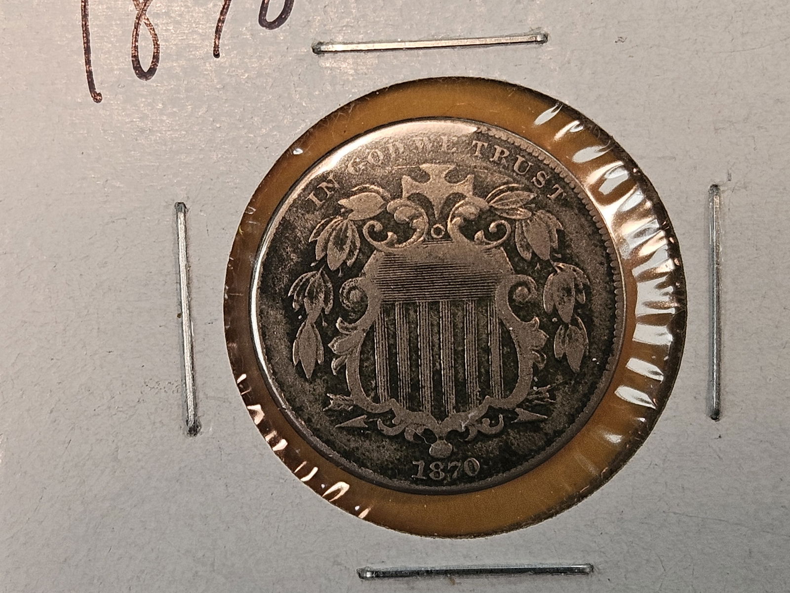 Three Shield Nickels and a Seated Liberty silver Half-Dime - 3