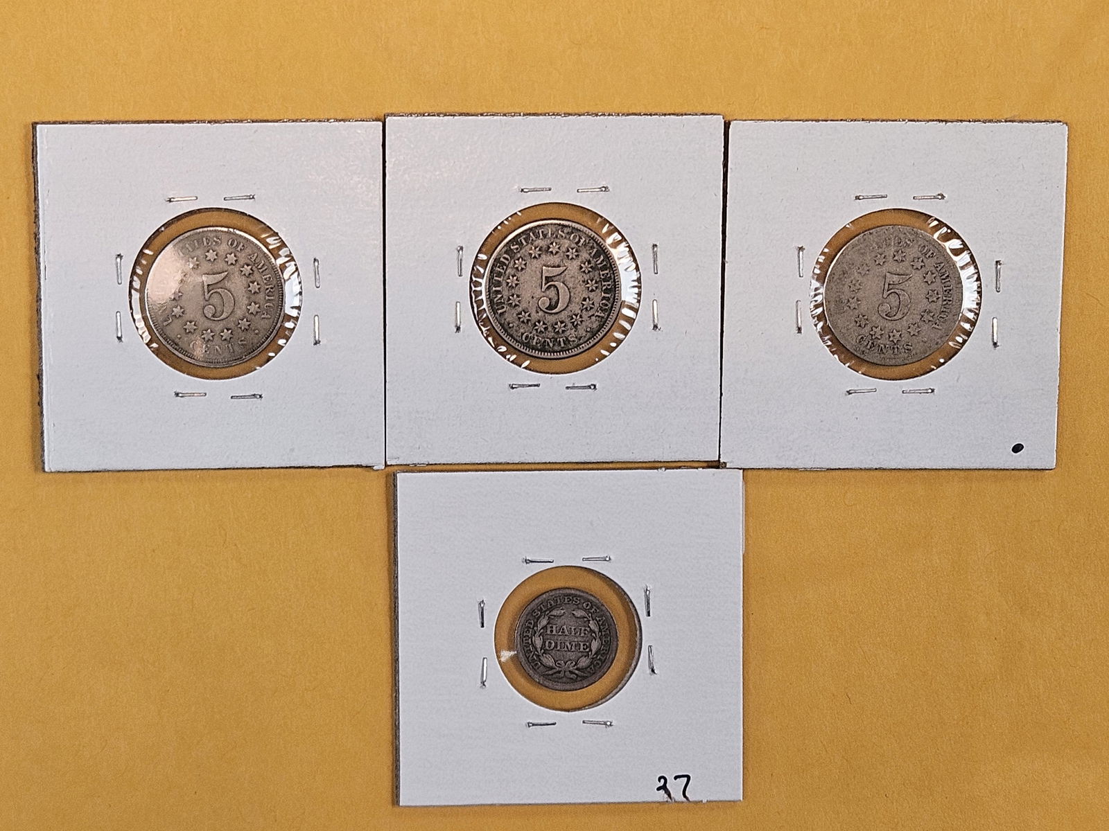 Three Shield Nickels and a Seated Liberty silver Half-Dime - 6