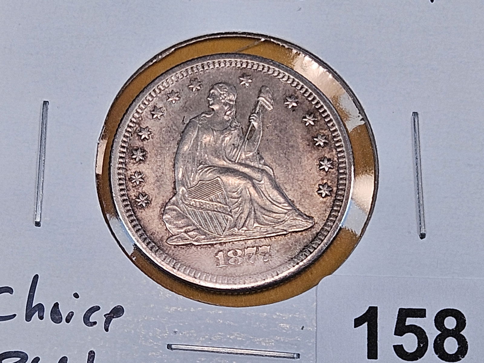 * CHOICE Brilliant Uncirculated Plus 1877-S Seated Liberty Quarter: Excellent original luster and toning. Great skin! 