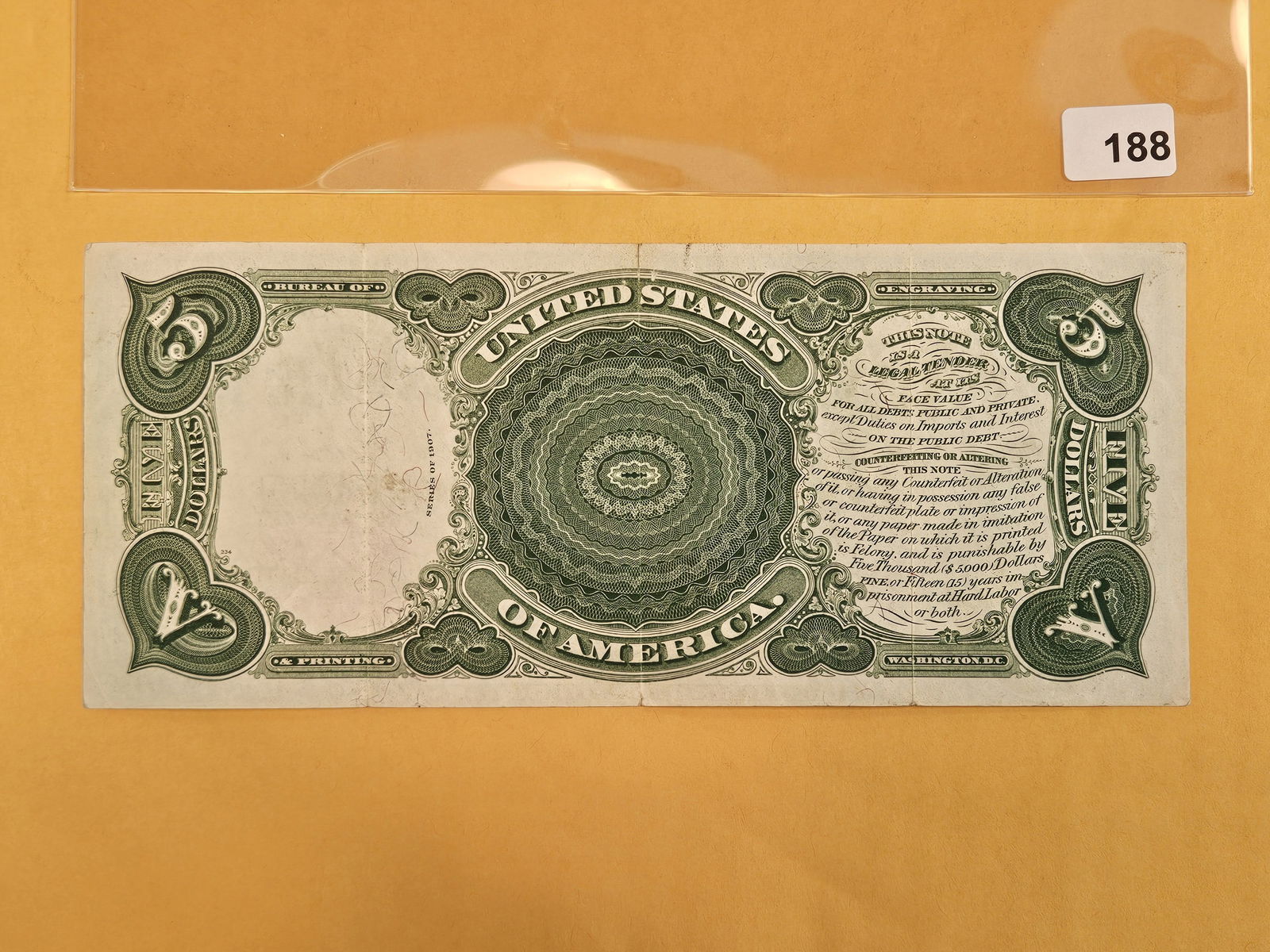 Series of 1907 Large Size Five Dollar US Note in Very Fine plus - 3