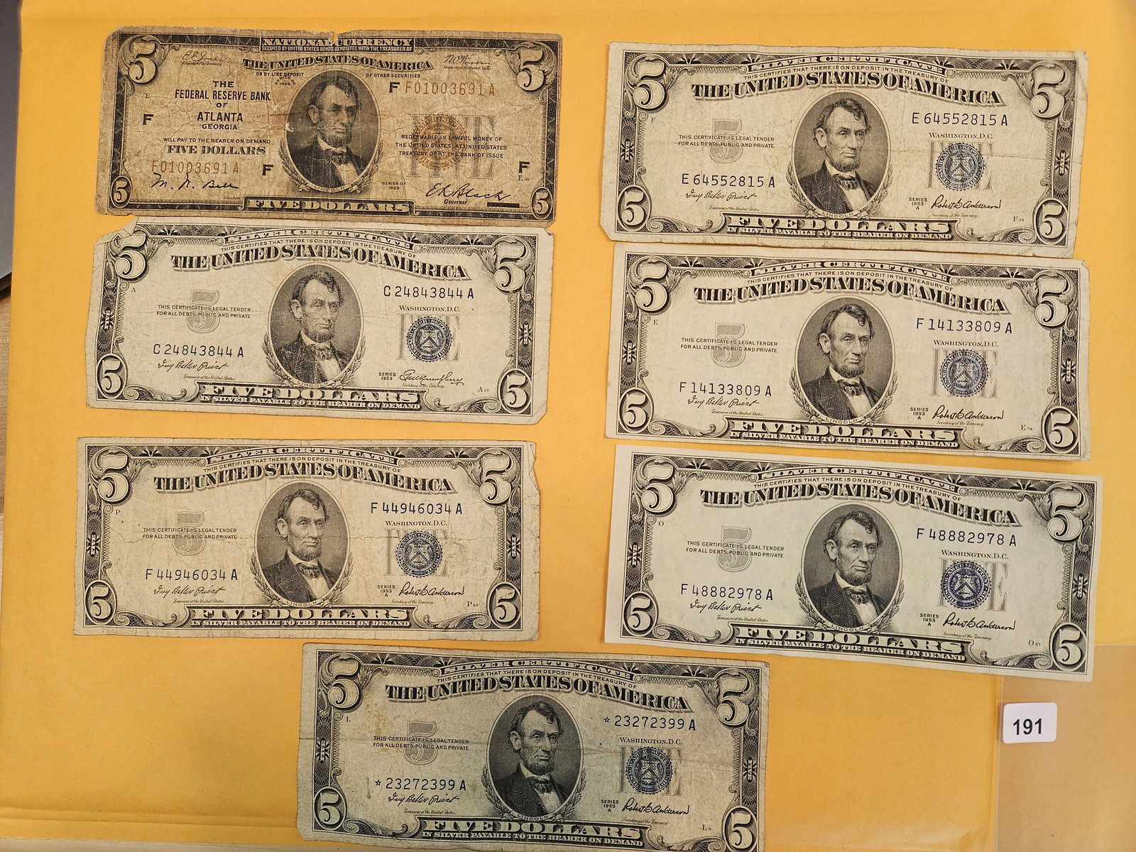 Seven mixed Five Dollar Bills (1 of 2)