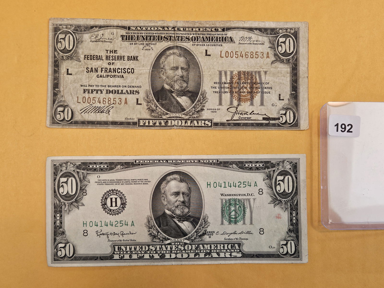 Two Fifty Dollar US Bills: San Francisco National Currency and 1950-D FRN 