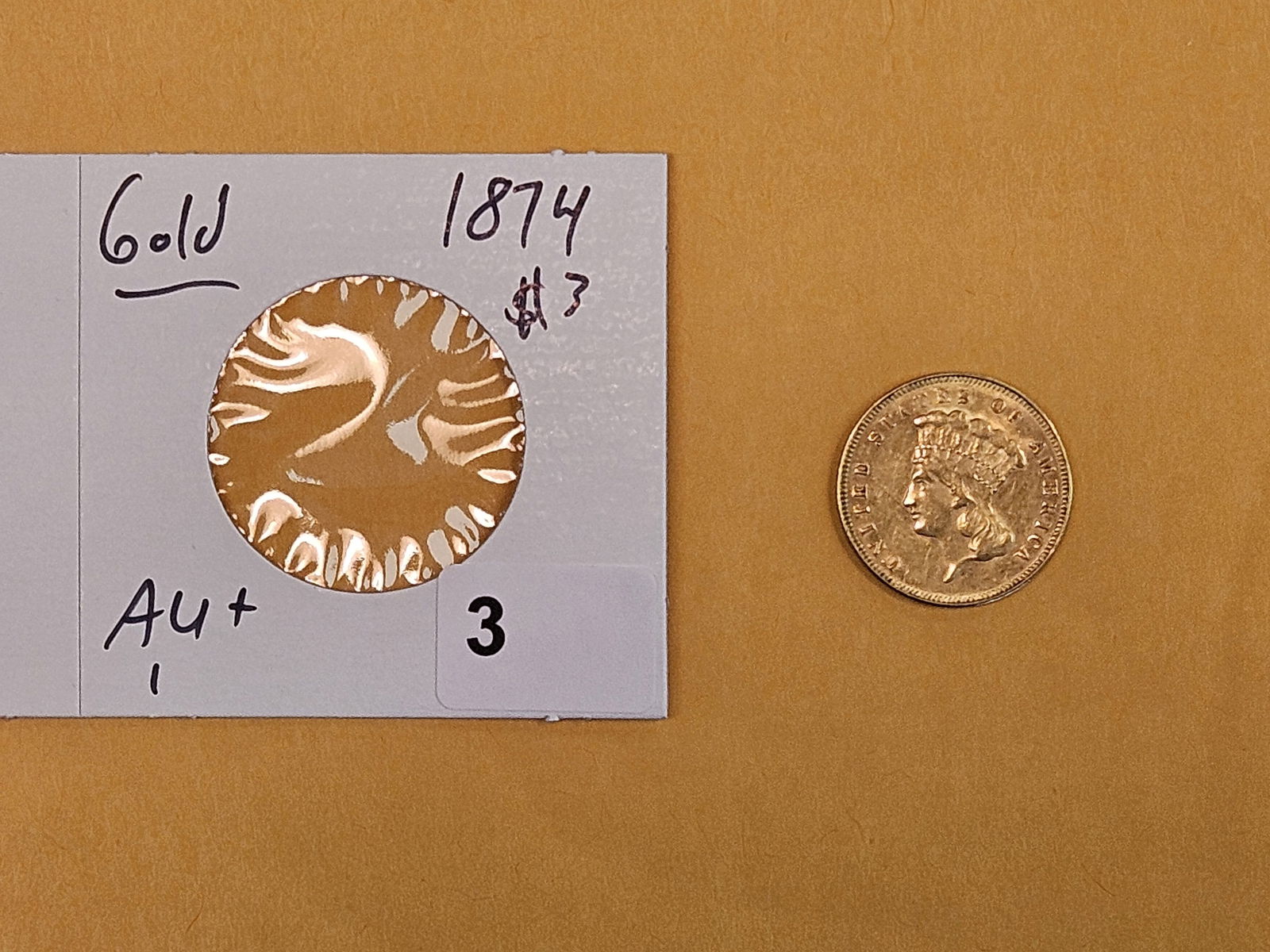 GOLD! SCARCE! Brilliant About Uncirculated GOLD THREE DOLLAR - 2