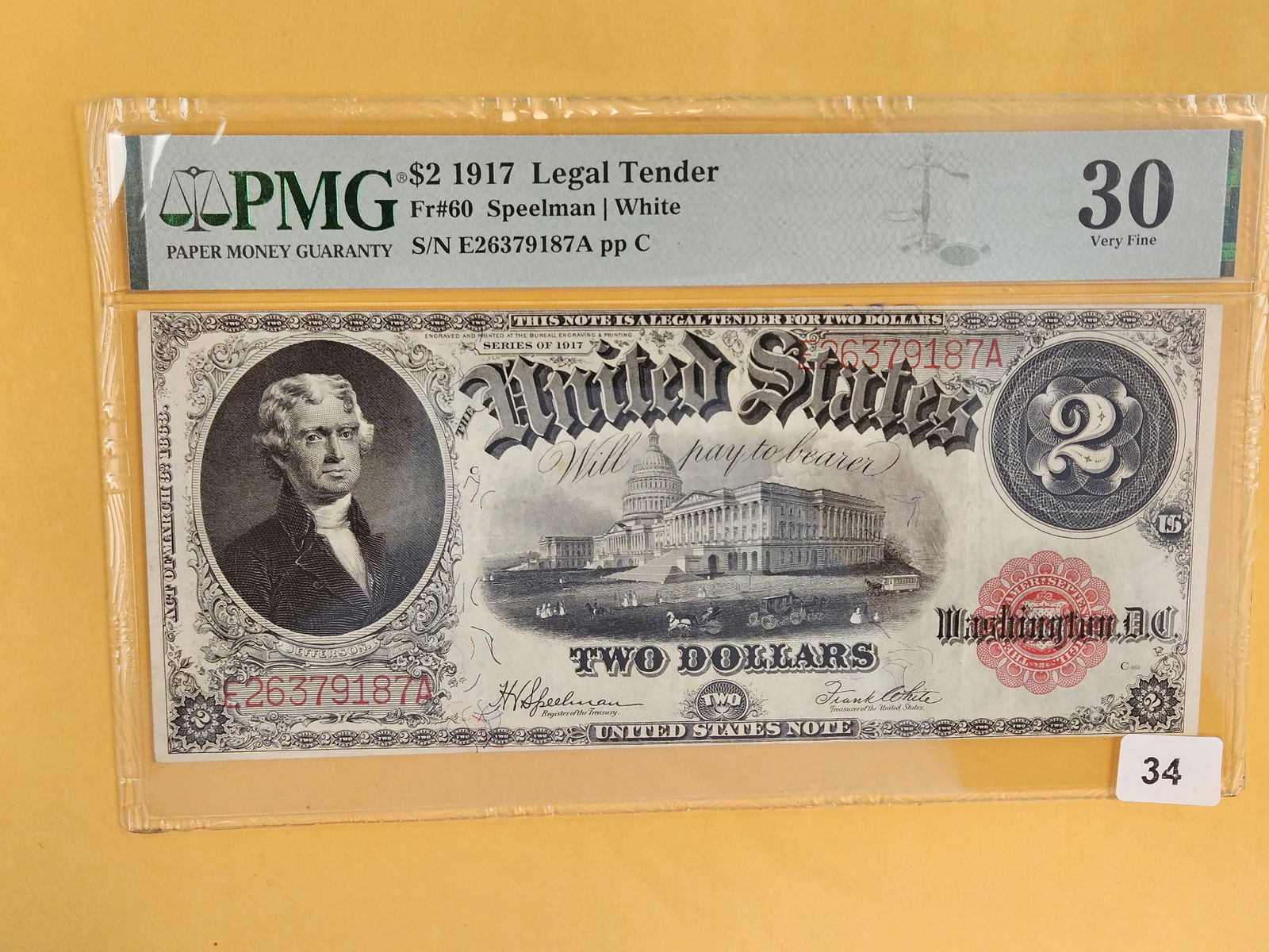 PMG 1917 Two Dollar Legal Tender in Very Fine - 30: FR # 60. Speelman-White. Great color 