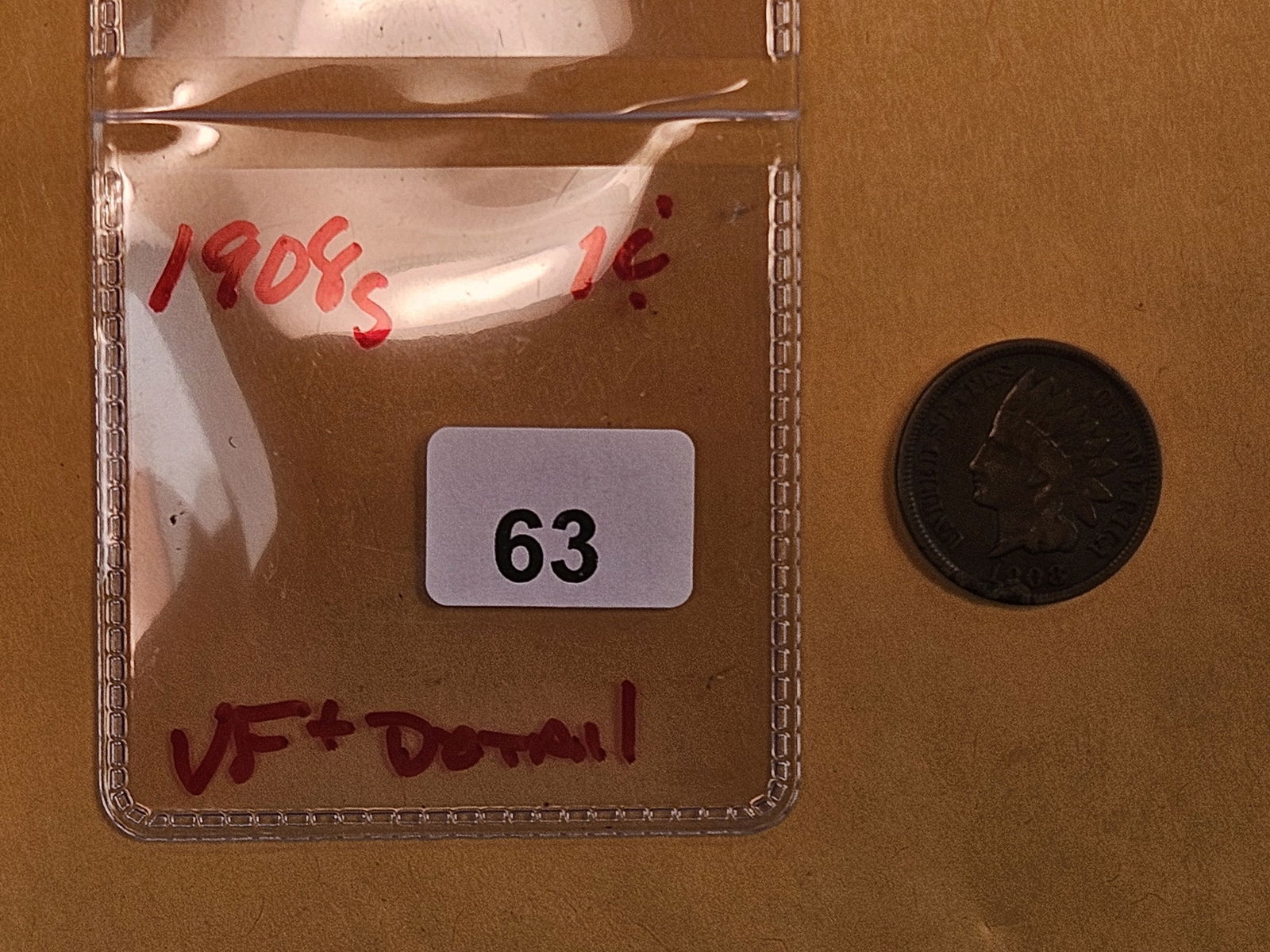 * Semi-key 1908-S Indian cent in Very Fine plus - details - 2