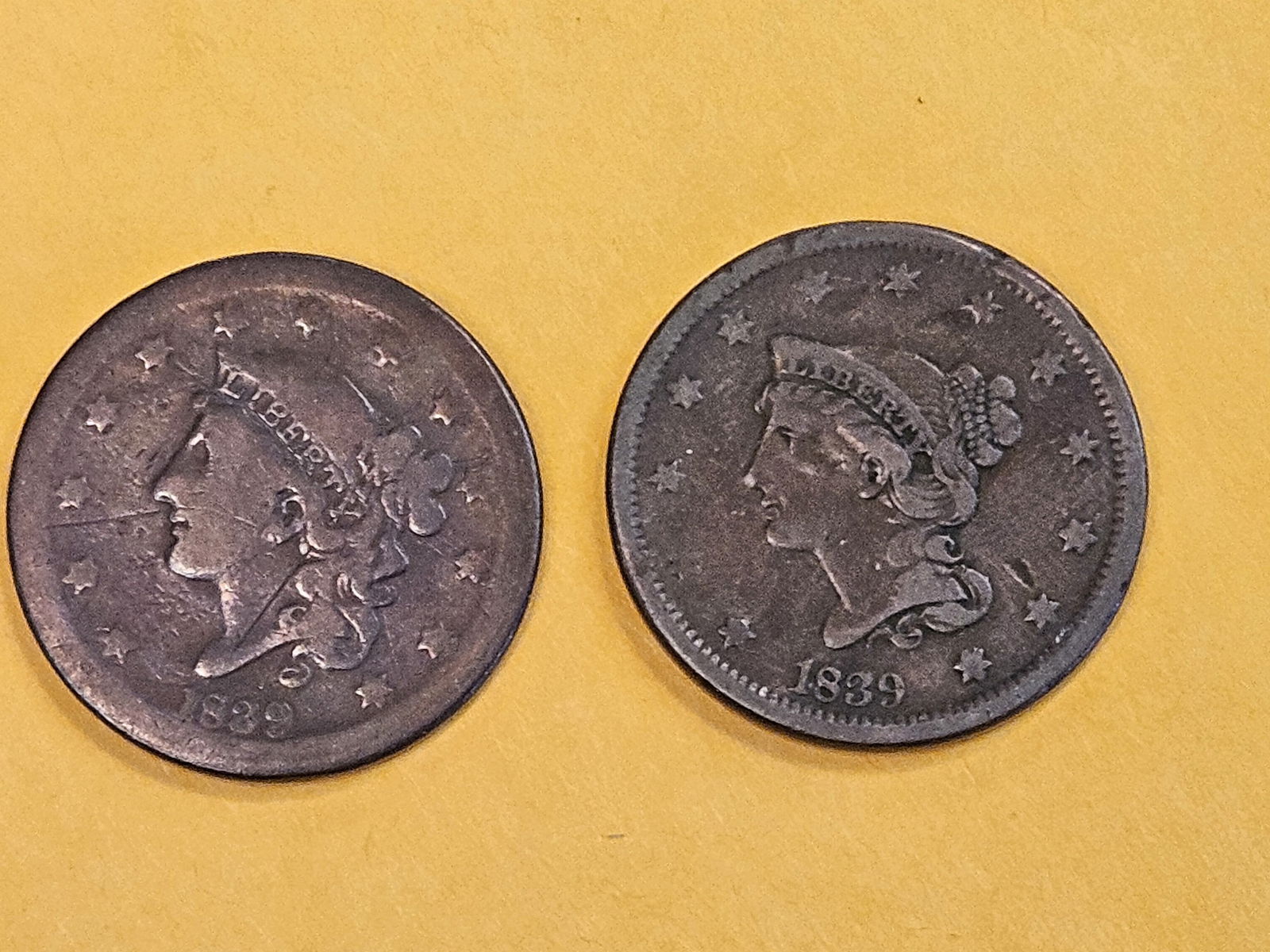 Two Different styles of 1839 Large Cents: In Good plus to Very Fine - details 