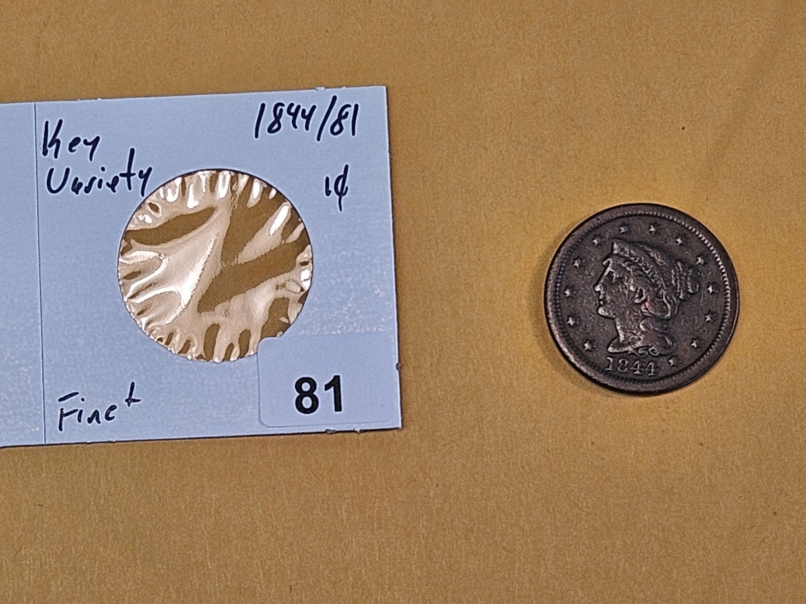 Key Variety! 1844/81 Braided Hair Large Cent in Fine plus - 2