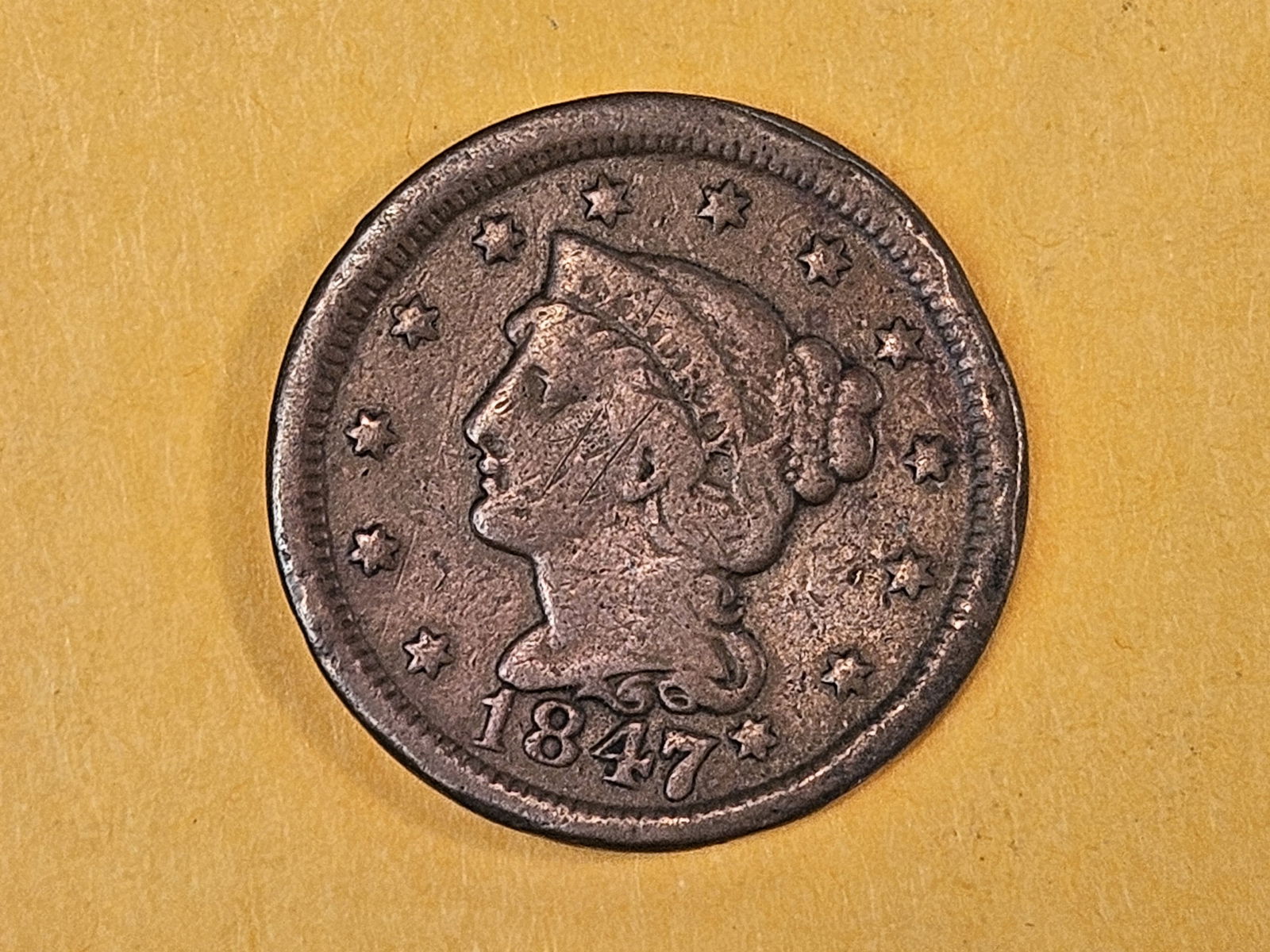 Variety! 1847/7 Braided Hair Large Cent in Very Good plus: Another cool overdate 