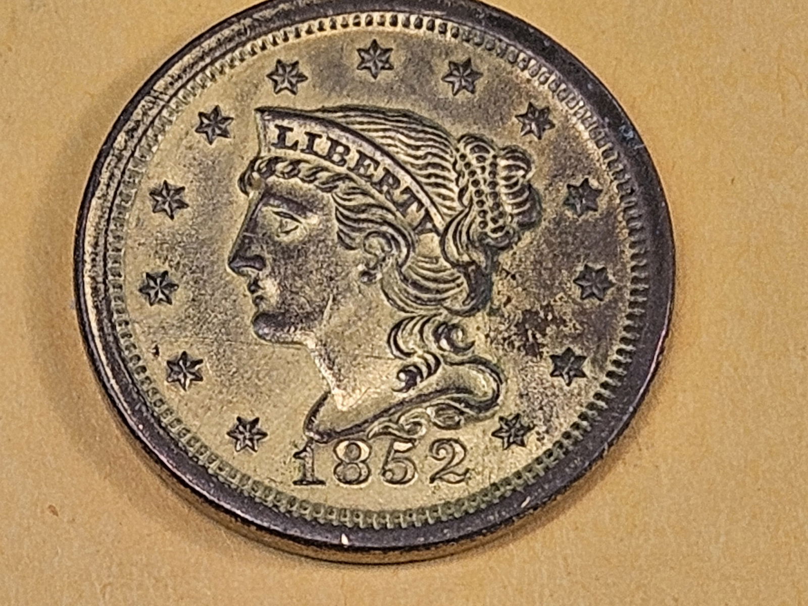 1852 Braided Hair Large cent in About Uncirculated plus - details - 3