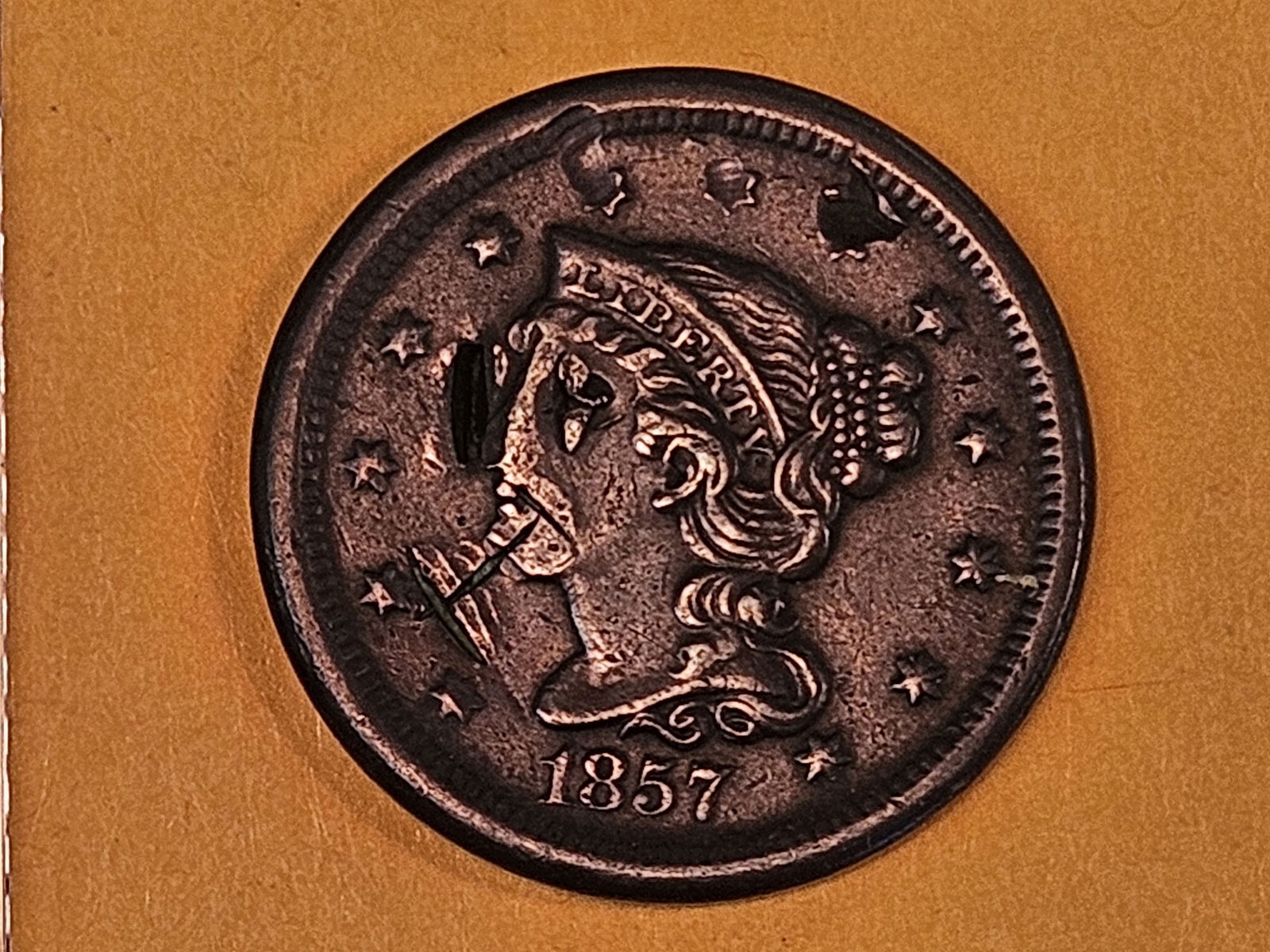 1857 Braided hair Large Cent in About Uncirculated - details: Some dings 