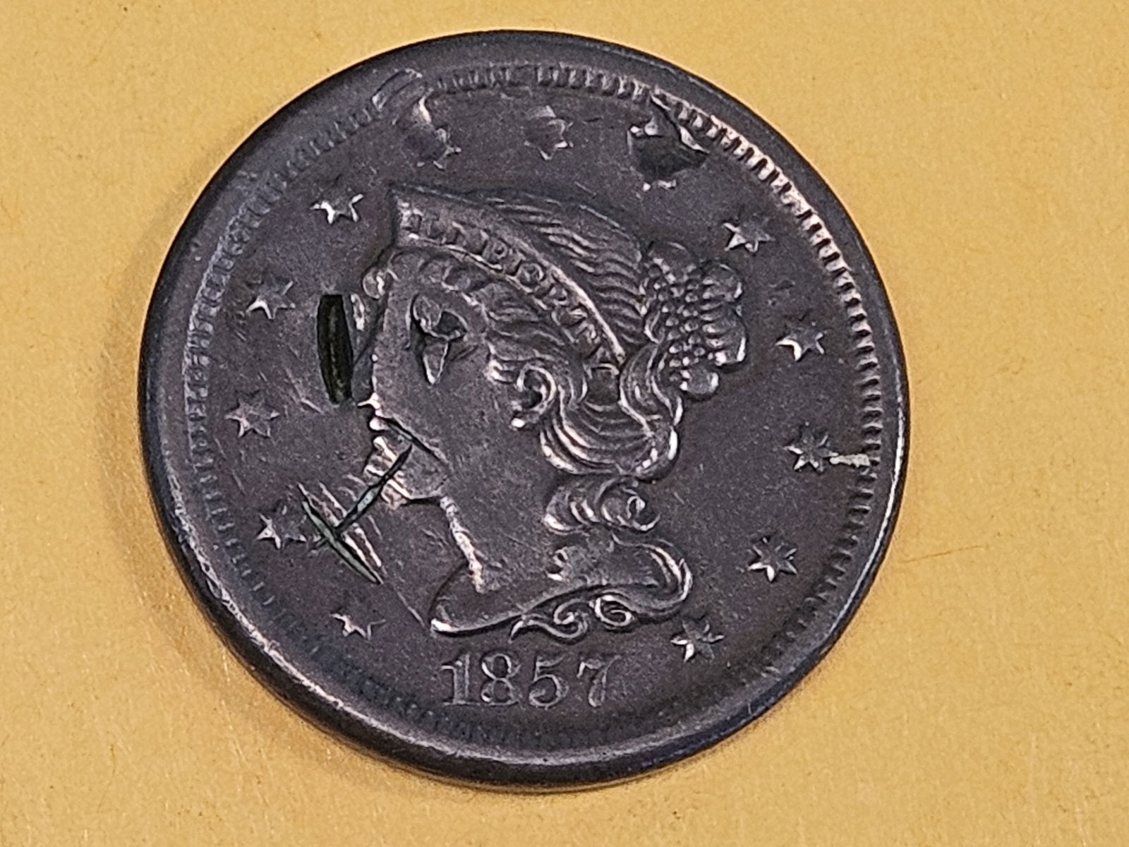 1857 Braided hair Large Cent in About Uncirculated - details - 3