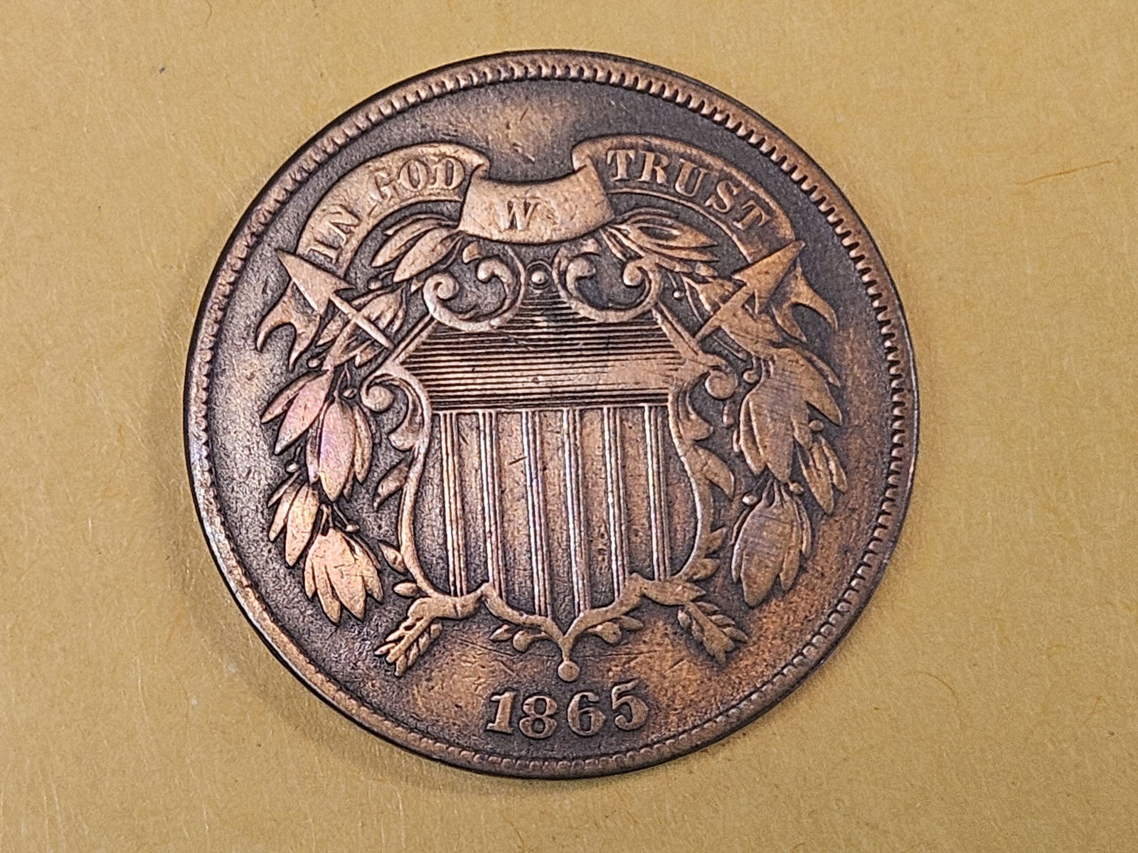 1865 Two Cent piece: In Very Fine plus 