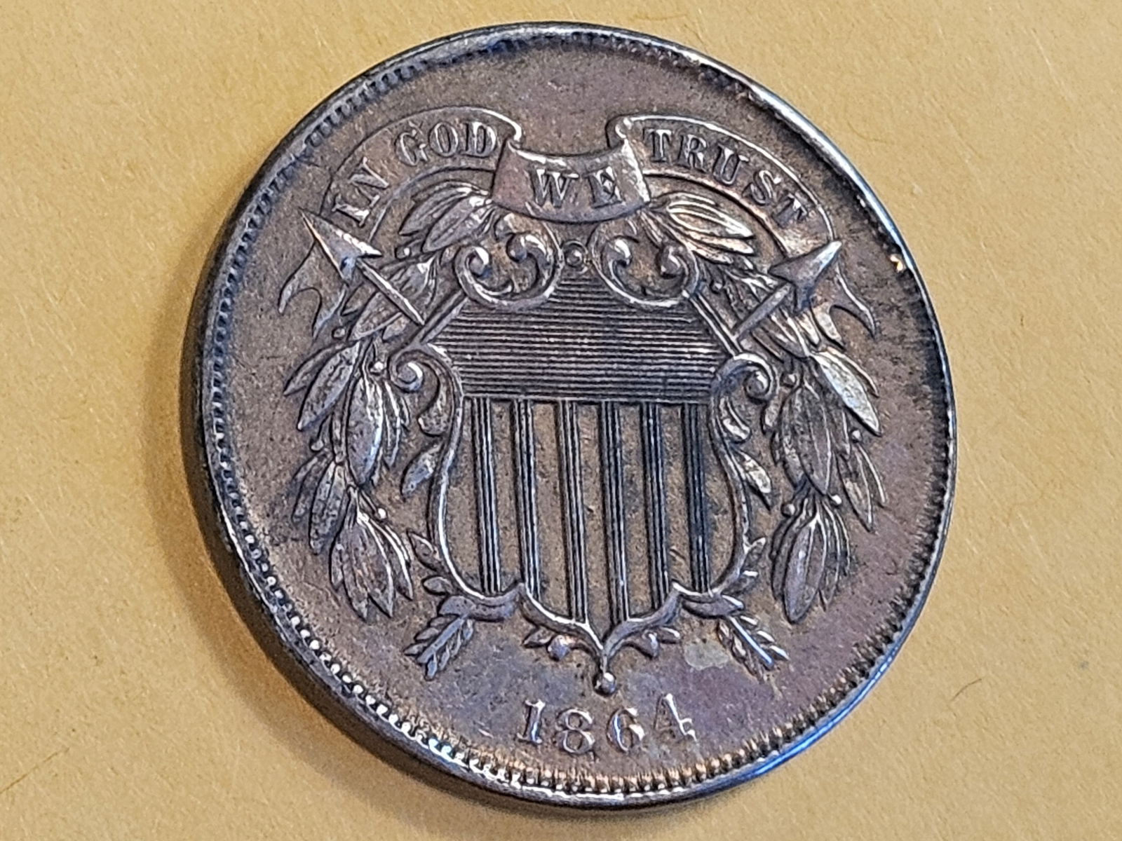 1864 Two Cent piece in Uncirculated - details - 5
