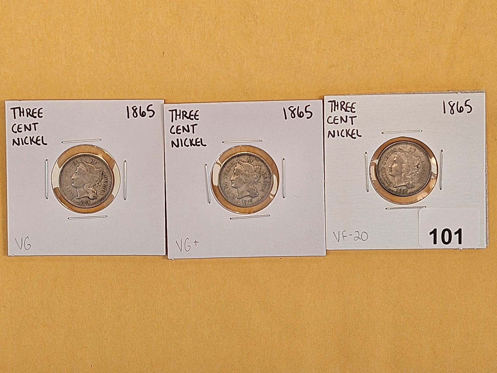 Three 1865 Three Cent nickels (1 of 5)
