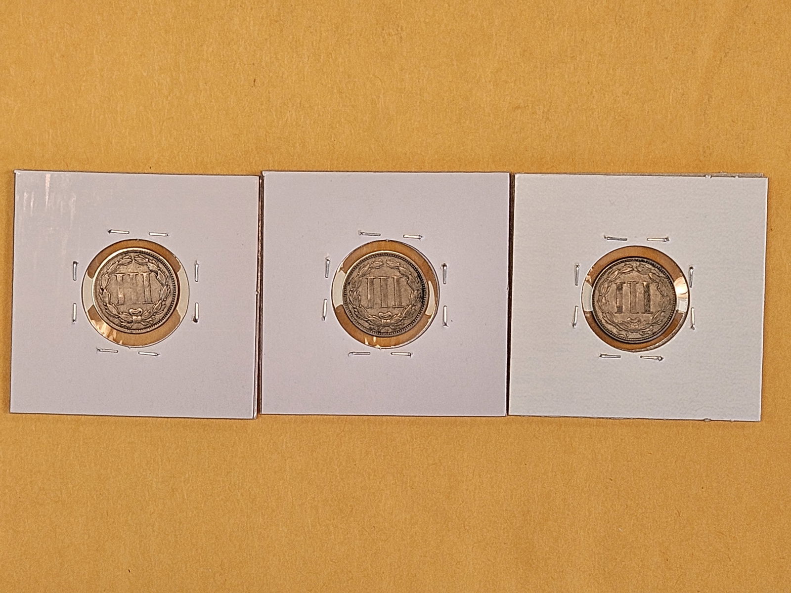 Three 1865 Three Cent nickels - 5