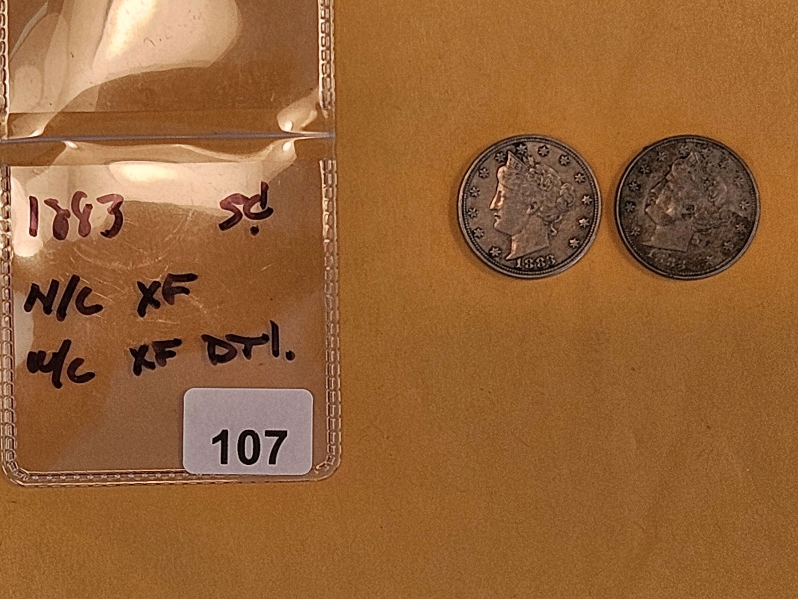 Two First Year Issue 1883 Liberty "V" Nickels: In extra Fine and Extra Fine - details. One with Cent and one without Cents