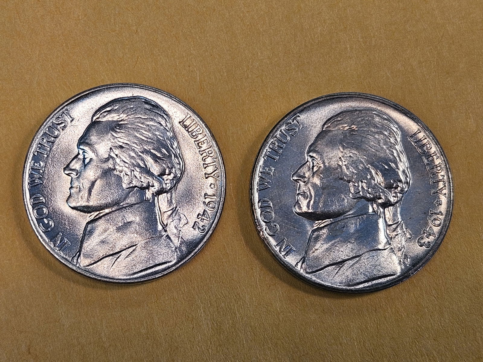 Two GEM Brilliant Uncirculated Silver Wartime Jefferson Nickels: 1942-D and 1943