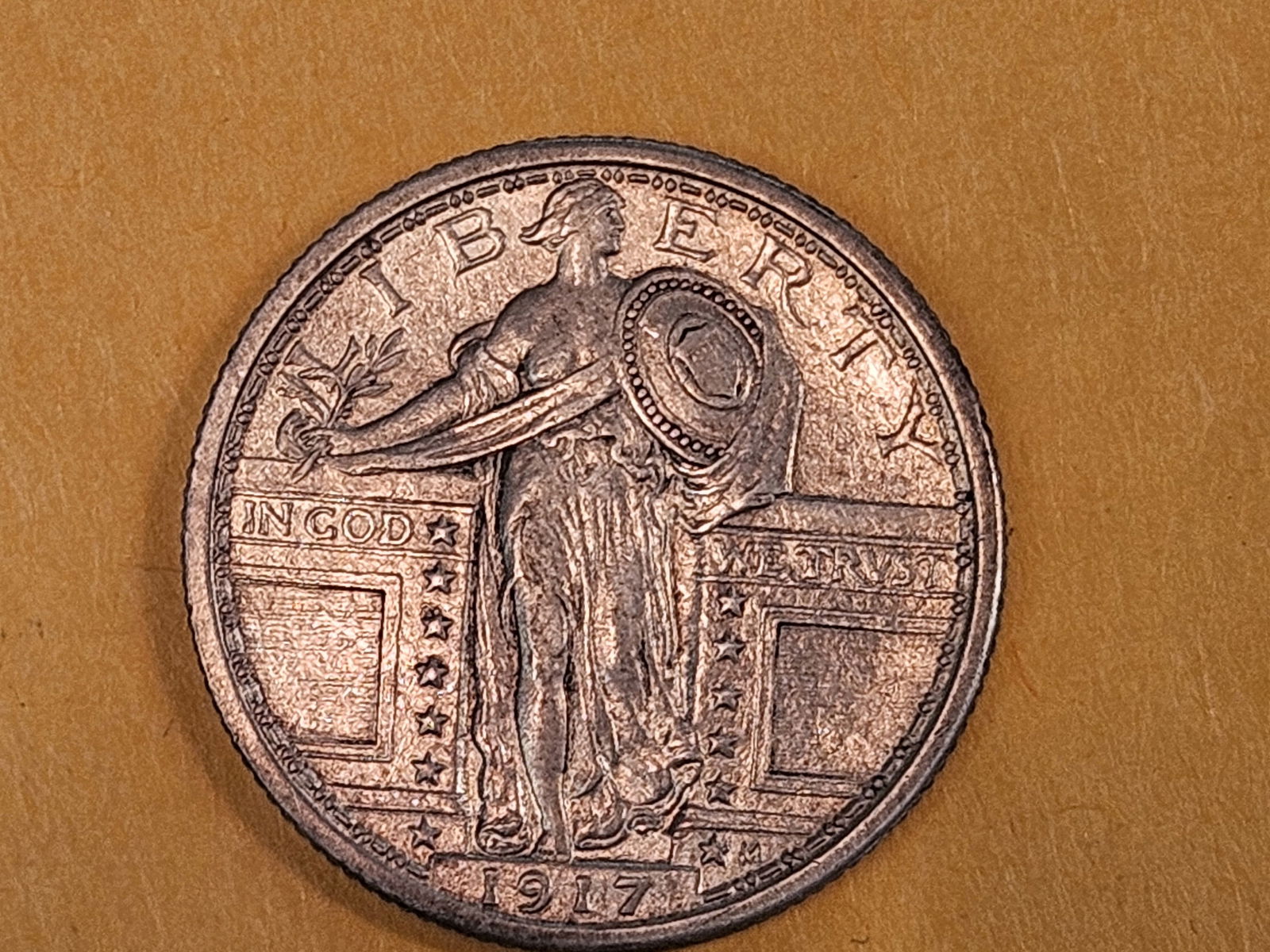 Better 1917 Type 1 Standing Liberty Quarter in About Uncirculated - 55 FH: Good luster on it. Full Head! T 