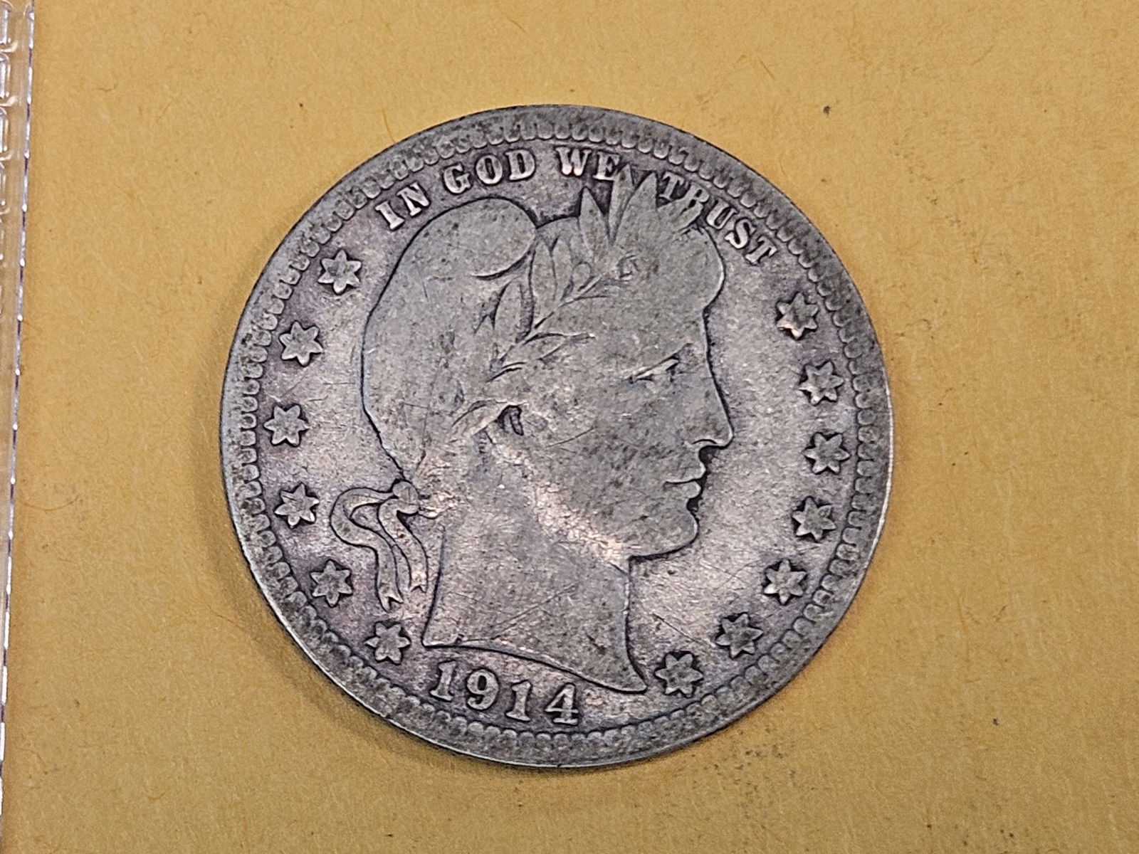 Semi-key 1914-S Barber Quarter in Very Good plus: Choice surfaces 