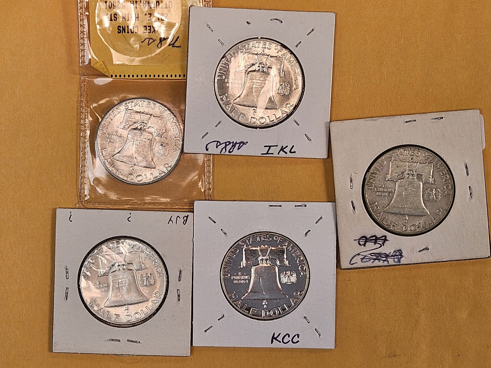 FIve mixed Silver Franklin Half Dollars - 7