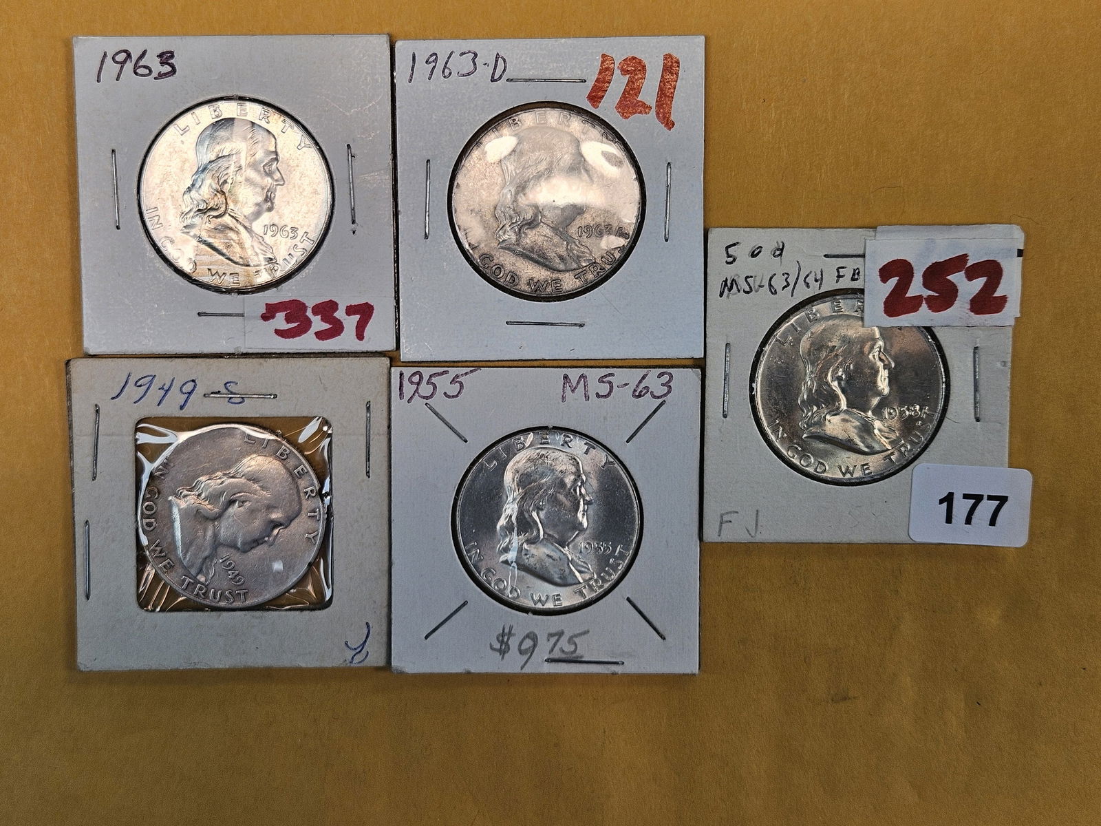 FIve mixed Silver Franklin Half Dollars (1 of 5)
