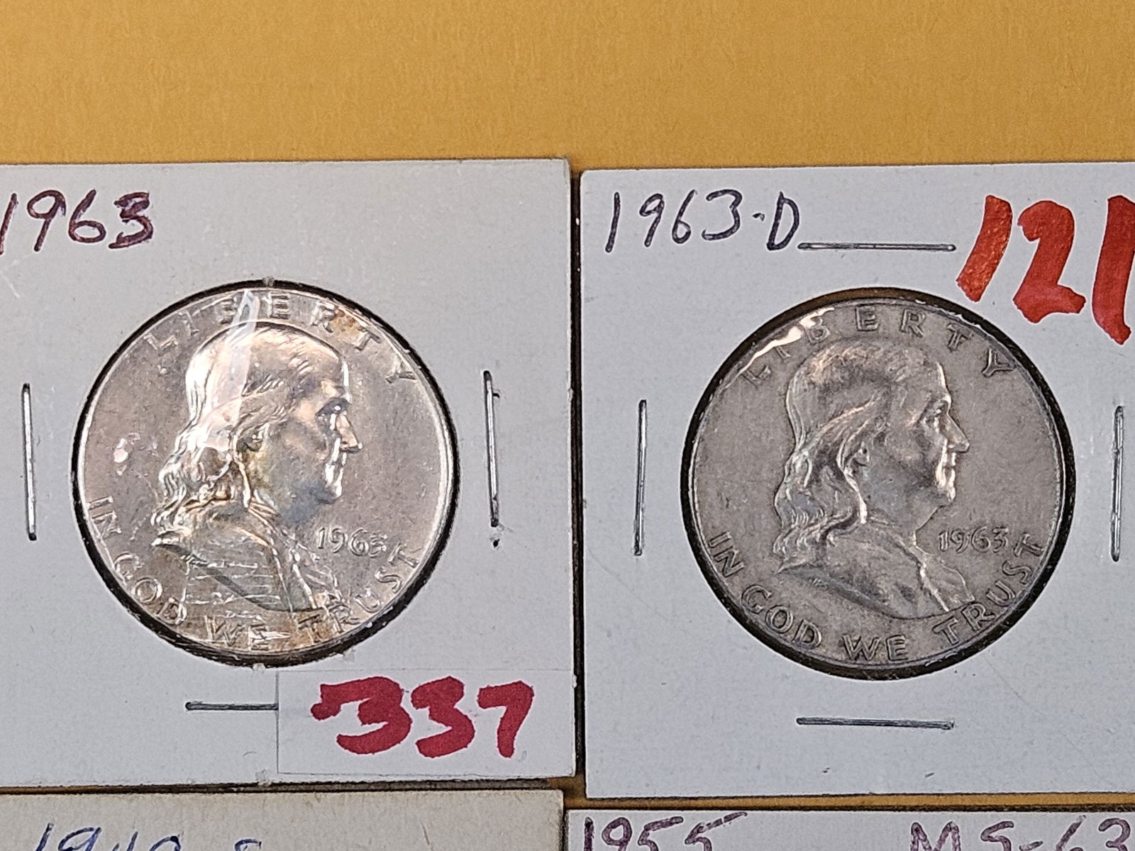 FIve mixed Silver Franklin Half Dollars - 2