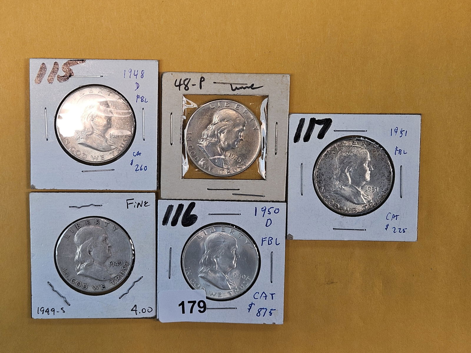 FIve mixed Silver Franklin Half Dollars (1 of 7)