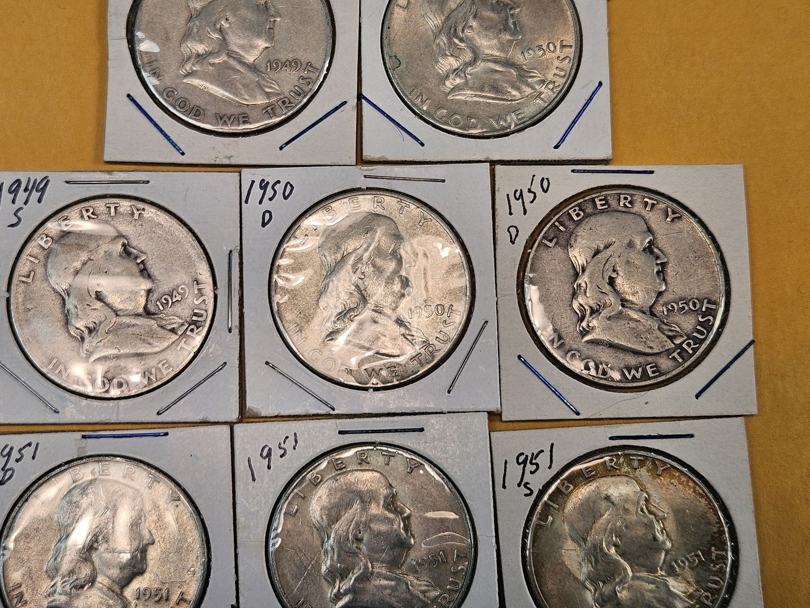 Nine mixed Silver Franklin Half Dollars - 3