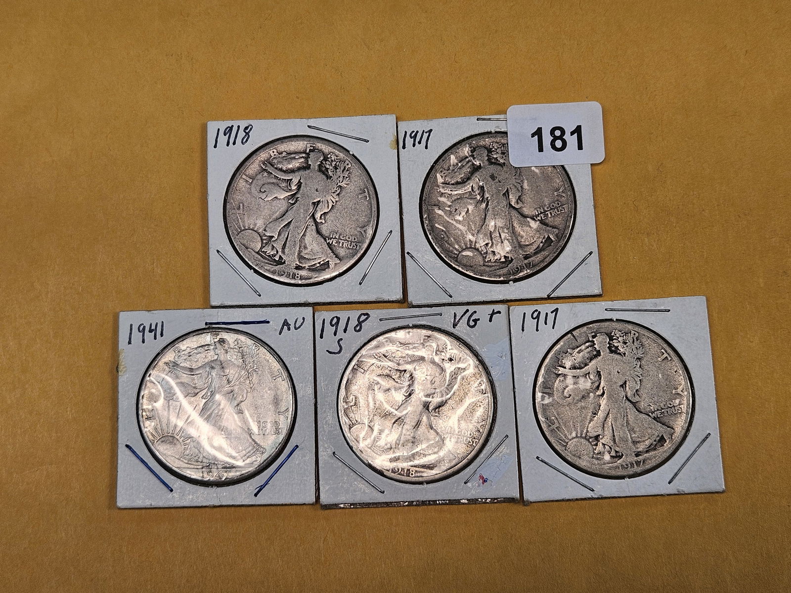 Five mixed silver Walking Liberty Half Dollars - 2