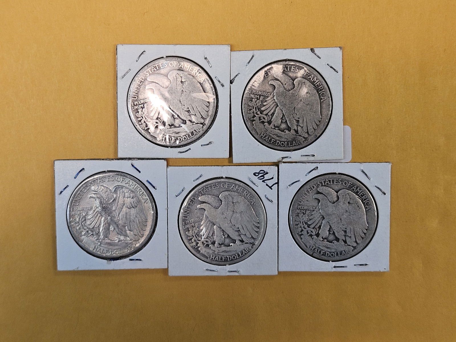 Five mixed silver Walking Liberty Half Dollars - 3