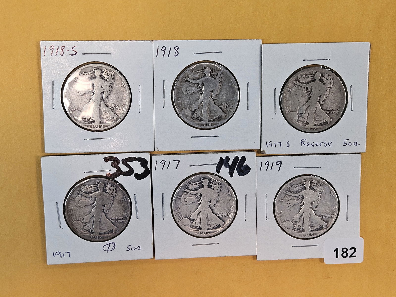 Six early mixed silver Walking Liberty Half Dollars: Circulated 