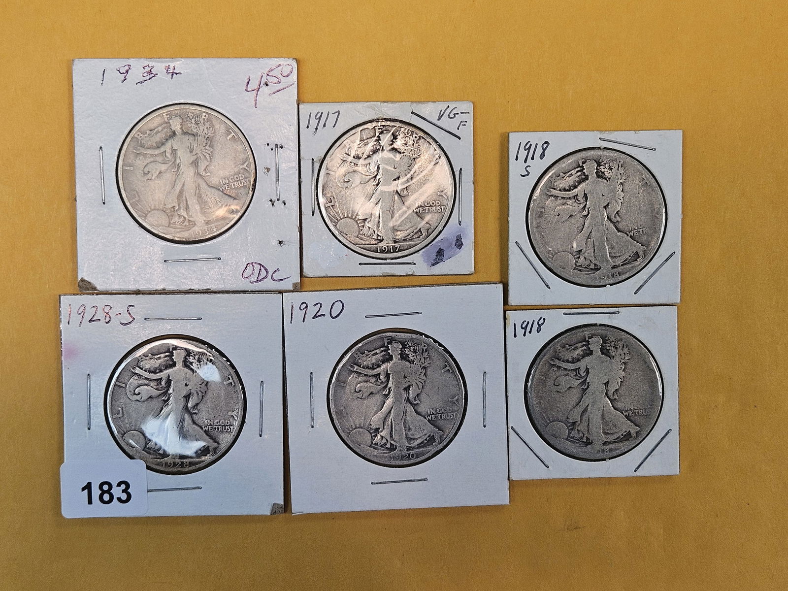 Six mixed silver Walking Liberty Half Dollars: Circulated 