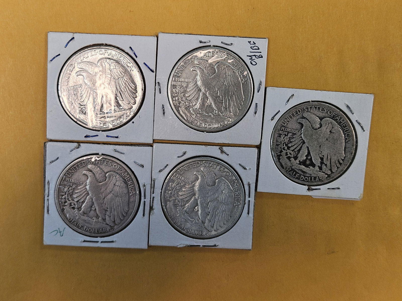 Five mixed silver Walking Liberty Half Dollars - 3