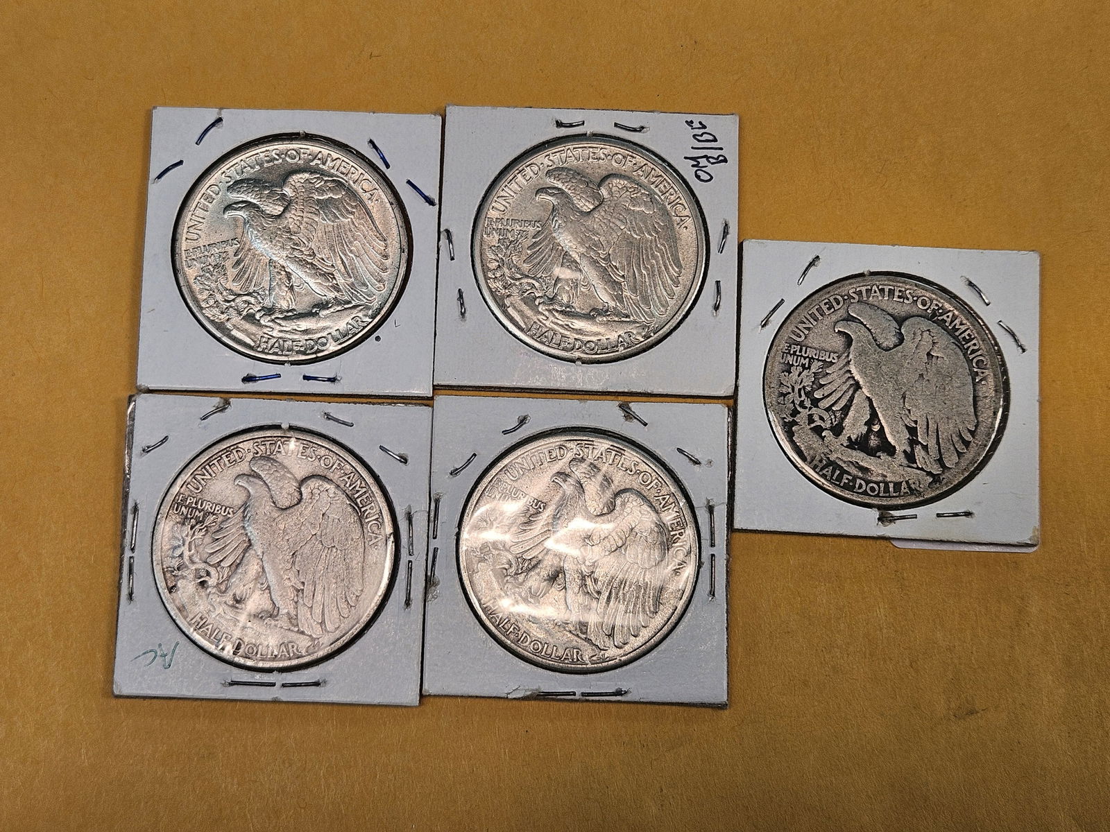 Five mixed silver Walking Liberty Half Dollars - 4
