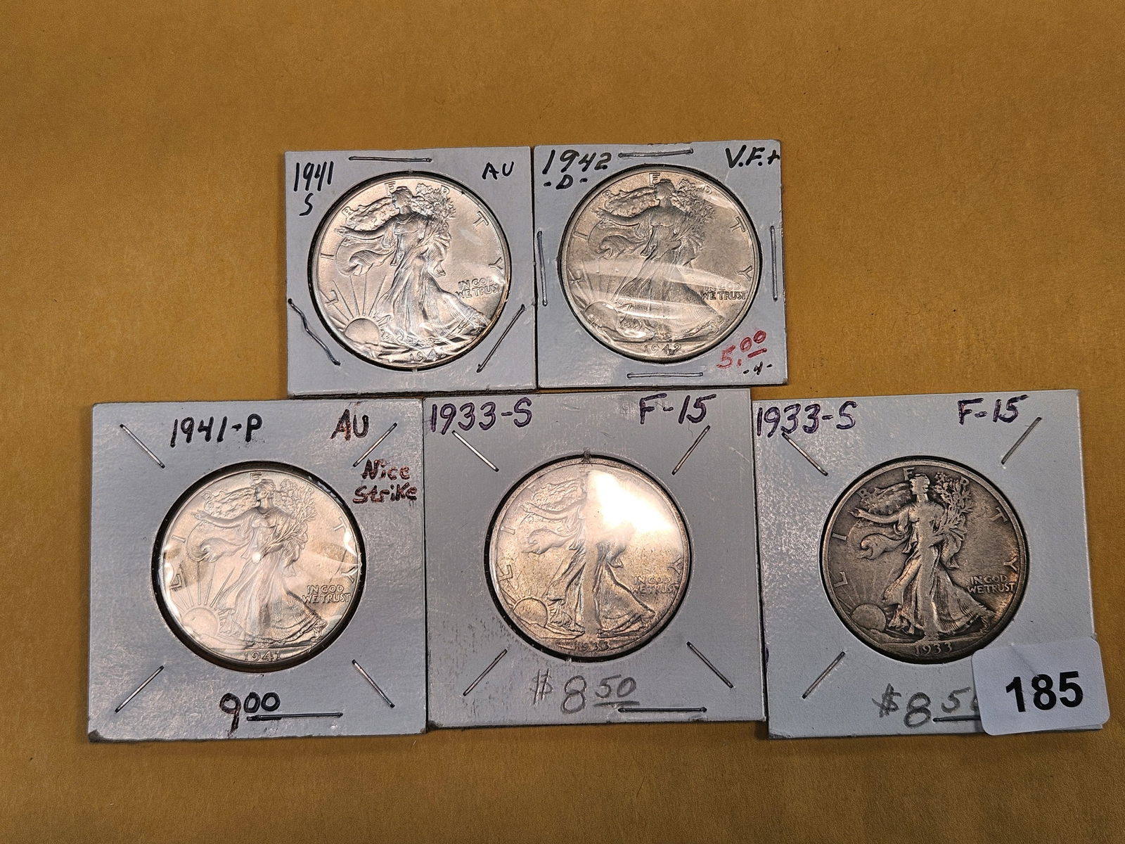 Five mixed silver Walking Liberty Half Dollars - 2
