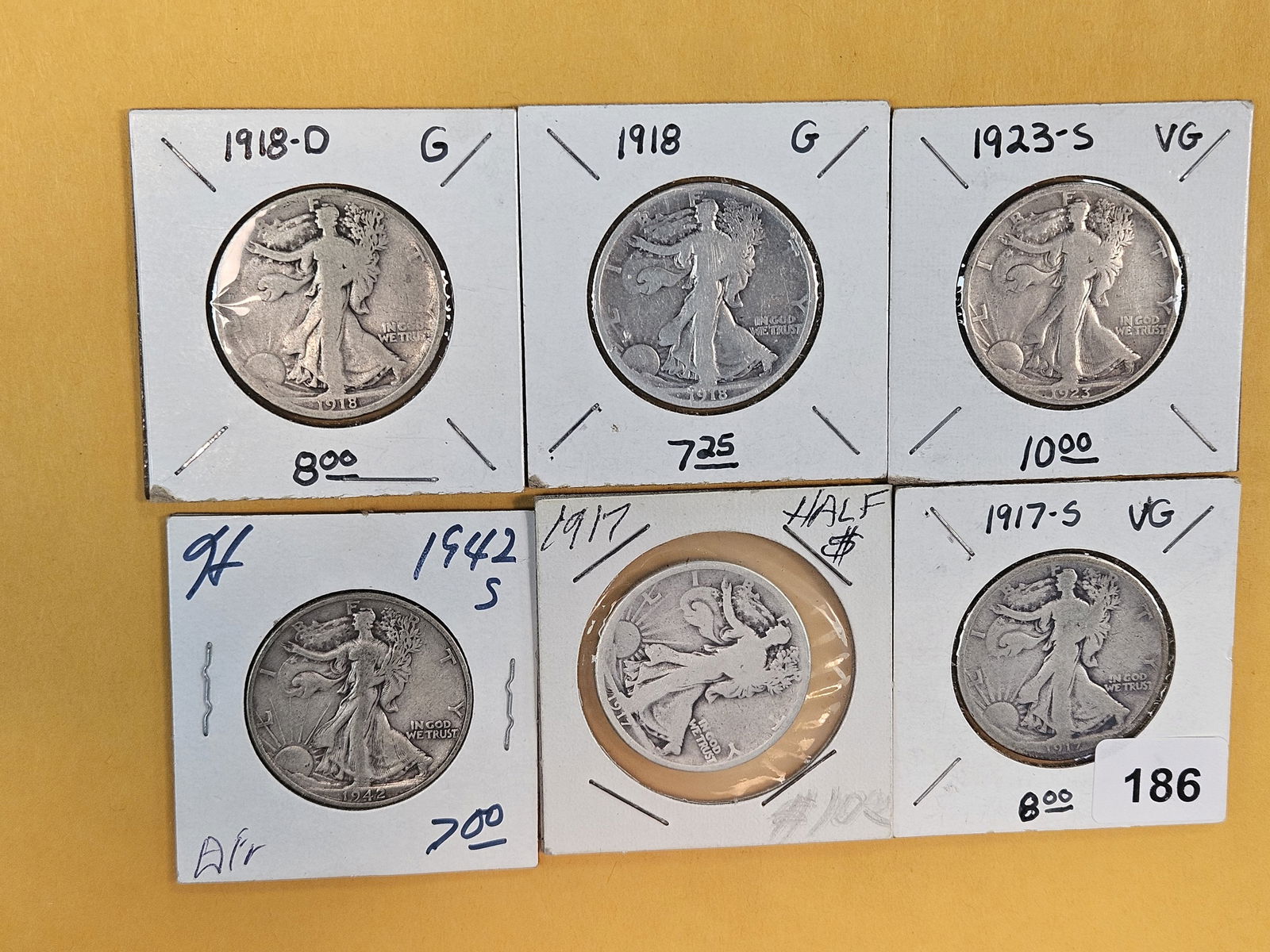 Six mixed silver Walking Liberty Half Dollars: Circulated 