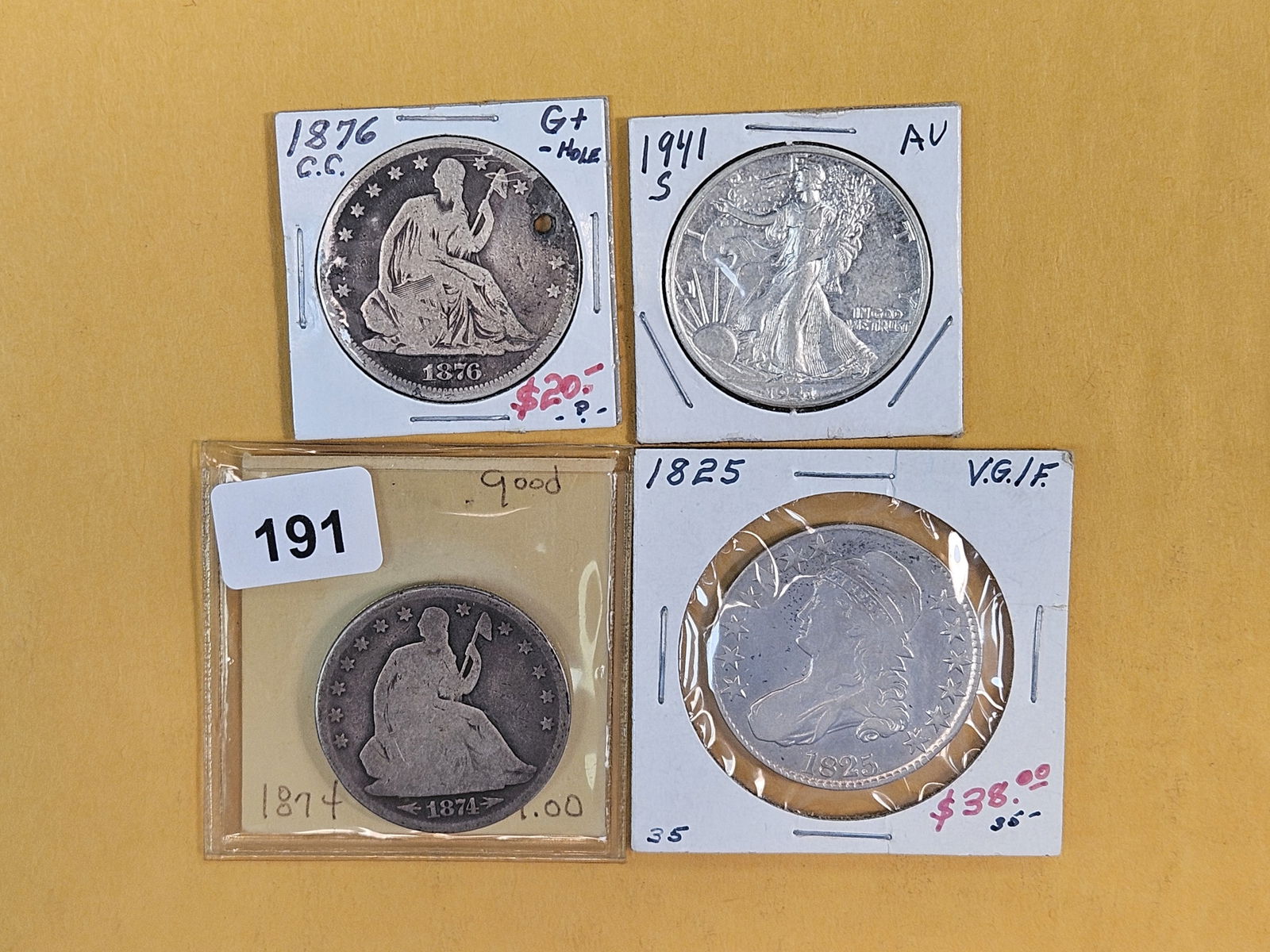 Four mixed silver Half Dollars: Seated, Bust, Walker 