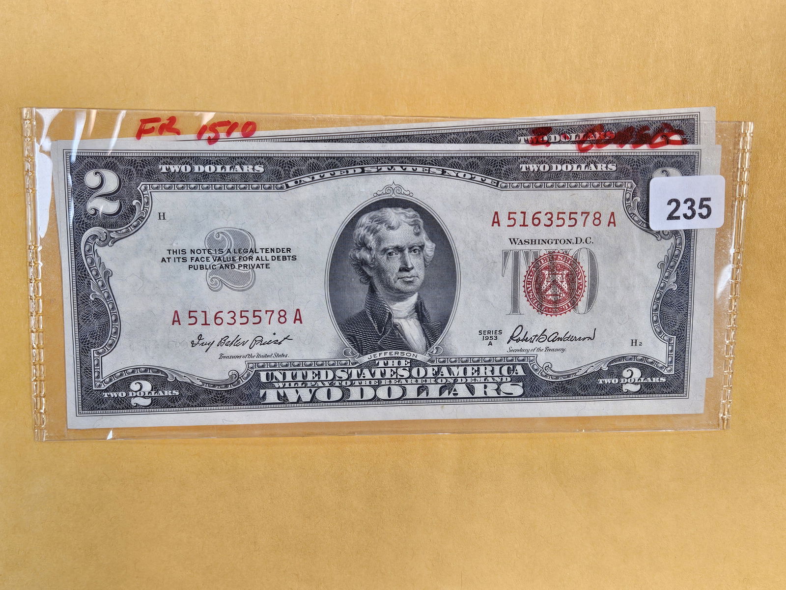 Two Crisp Uncirculated Two Dollar RED Seal US Notes (1 of 2)